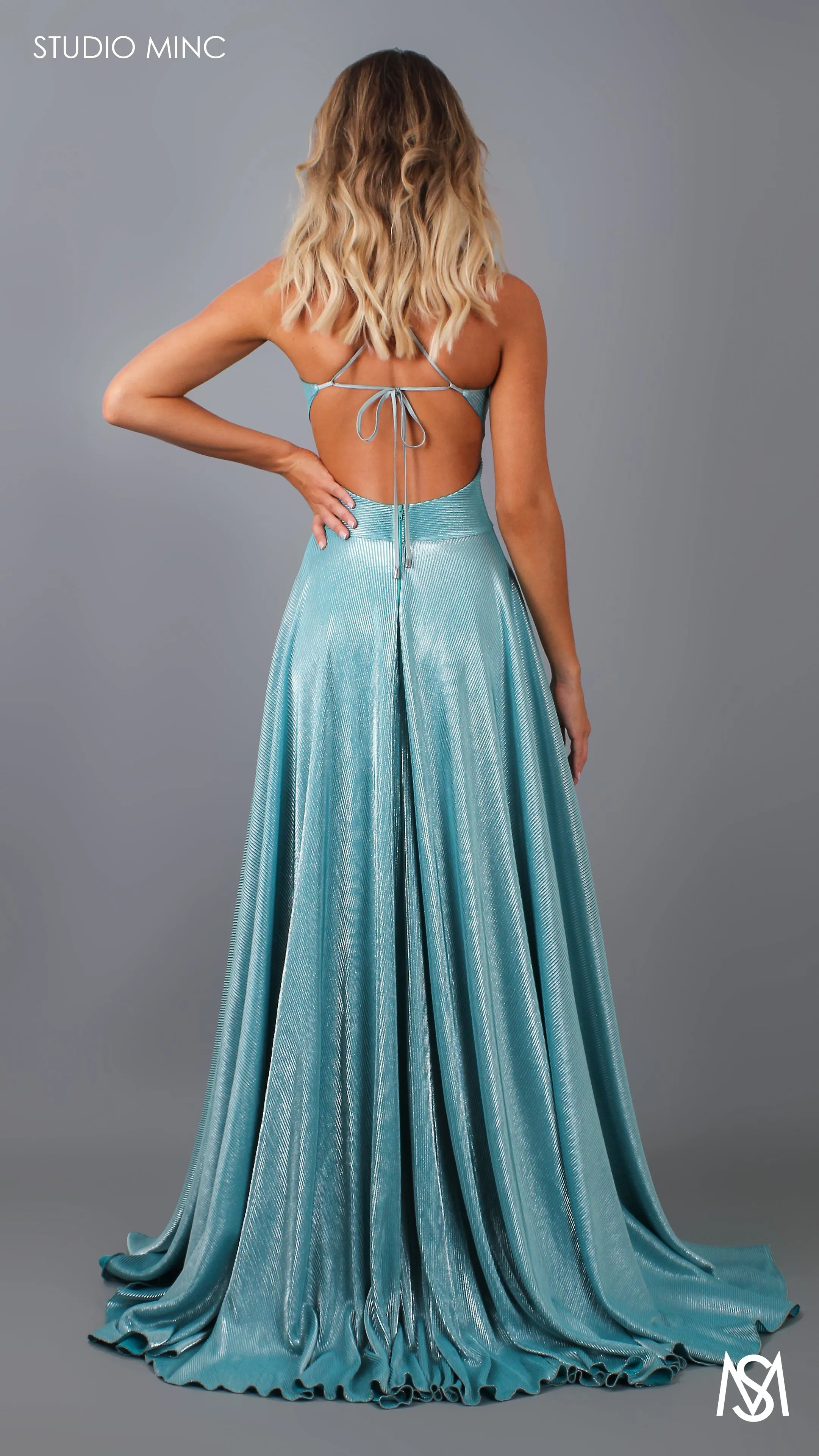 METALLIC COSMO - Teal Green Flowy Formal Dress with Leg Split & Cut Outs