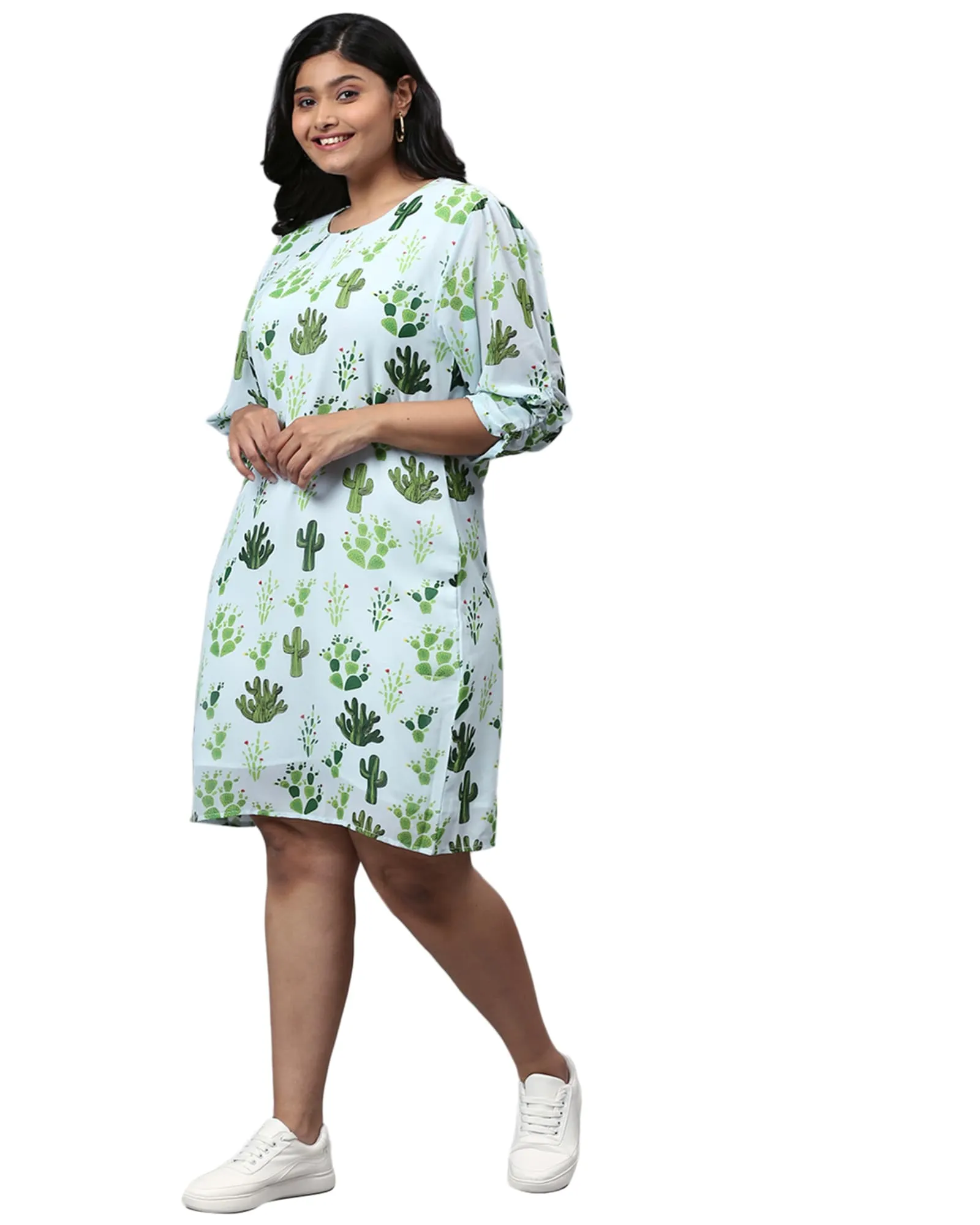Mint Green Printed A-Line Dress | Blue