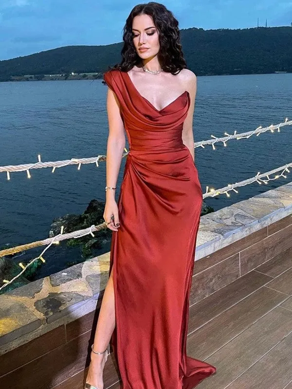 Naturally Chic Sheath Woven Satin Ruched One-Shoulder Sleeveless Sweep/Brush Train Dresses