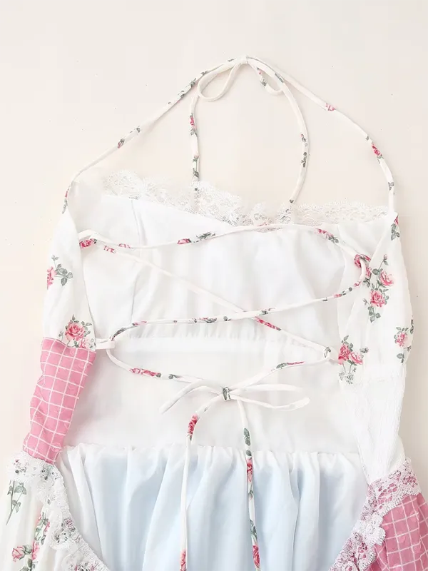 New Fashion Sleeveless Sweet Halter Neck Floral Splicing Holiday Dress