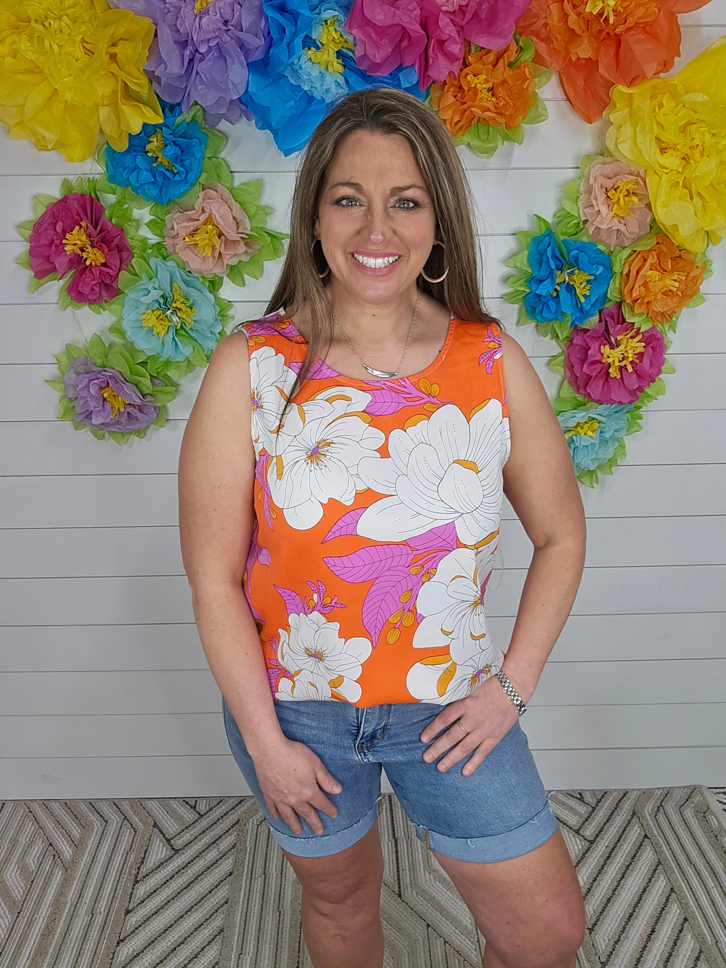ORANGE FLORAL SLEEVELESS WOVEN TANK