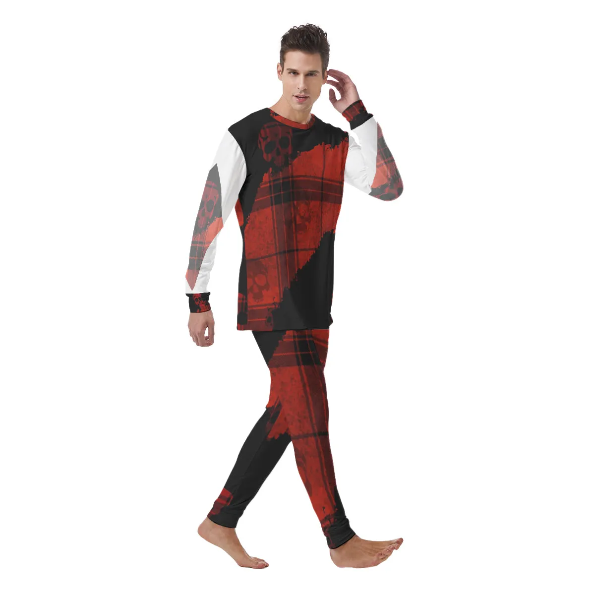 Plaid red/blk skulls Print Men's Pajamas