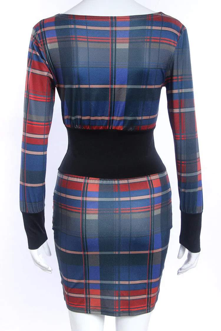 Plaided Print Elastic Waist Cuff Short Bodycon Dress