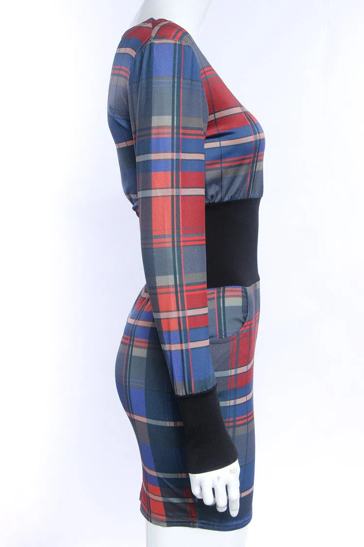 Plaided Print Elastic Waist Cuff Short Bodycon Dress