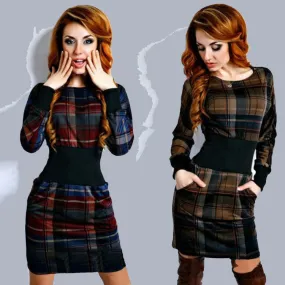 Plaided Print Elastic Waist Cuff Short Bodycon Dress