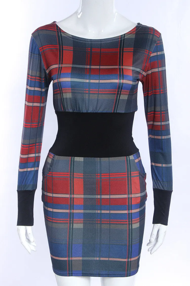 Plaided Print Elastic Waist Cuff Short Bodycon Dress