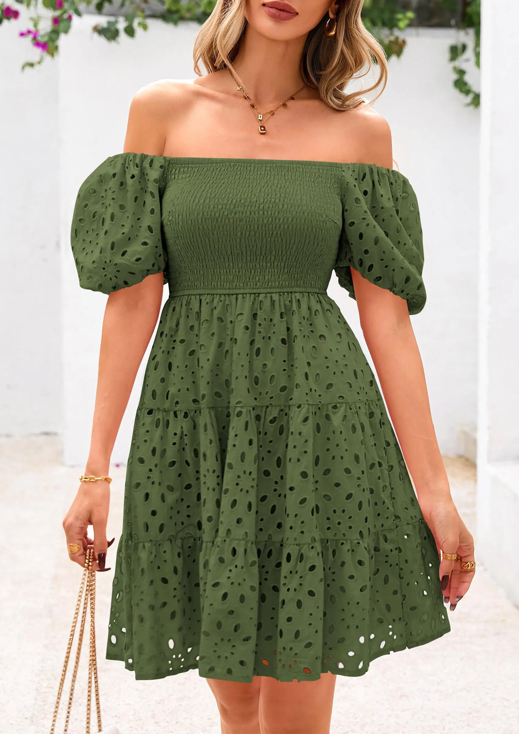 Puff Sleeve Off Shoulder Eyelet Smocked A Line Casual Babydoll Mini Dress