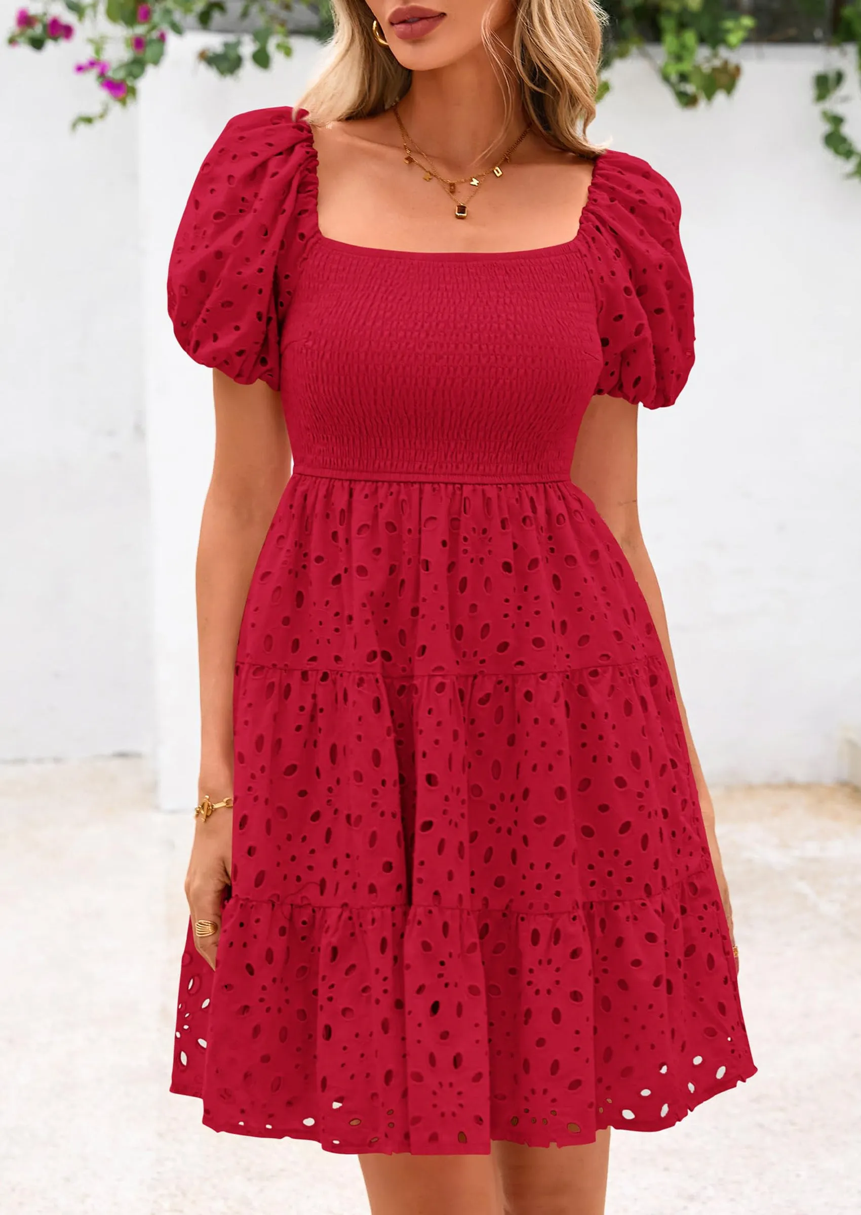 Puff Sleeve Off Shoulder Eyelet Smocked A Line Casual Babydoll Mini Dress