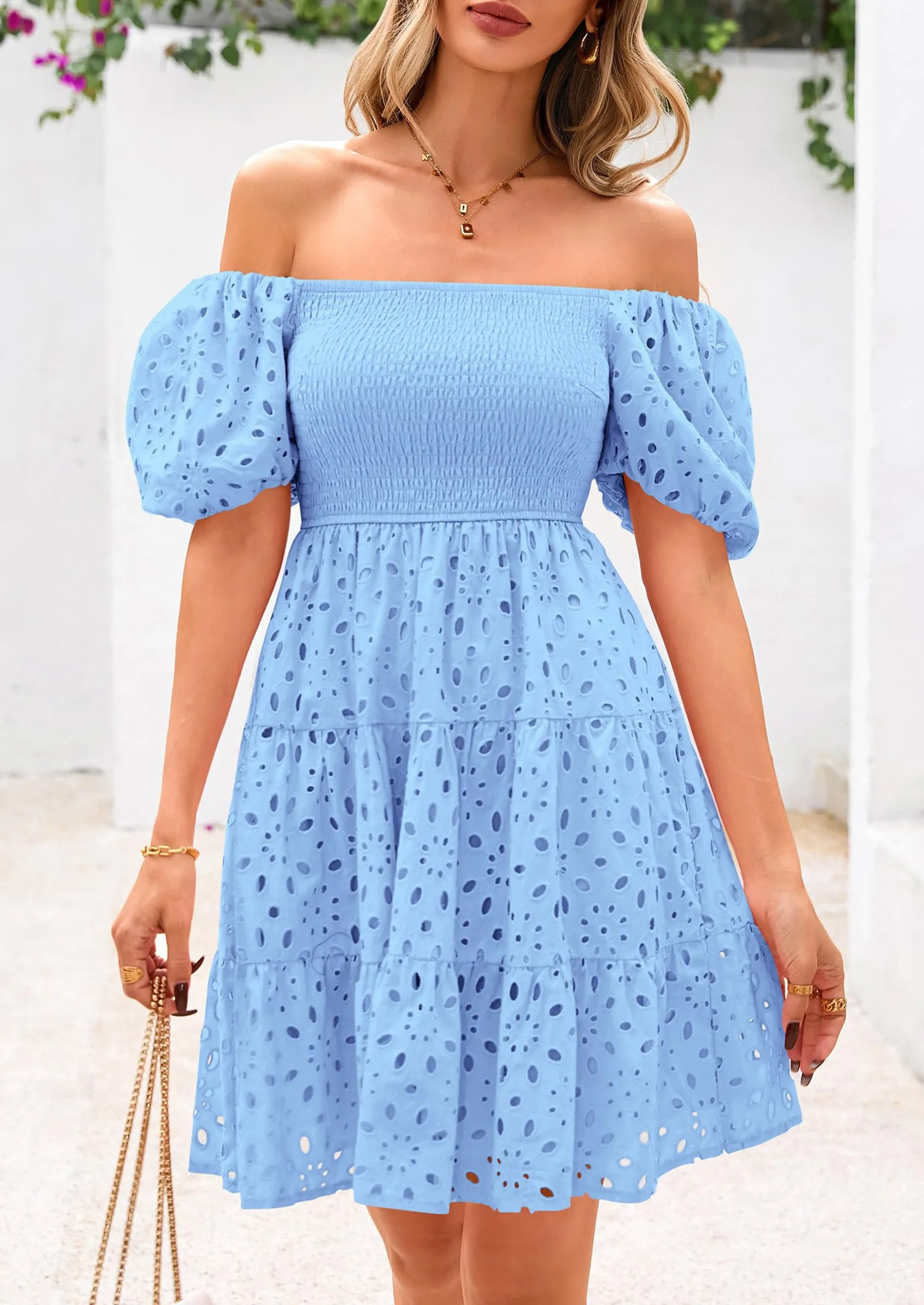 Puff Sleeve Off Shoulder Eyelet Smocked A Line Casual Babydoll Mini Dress