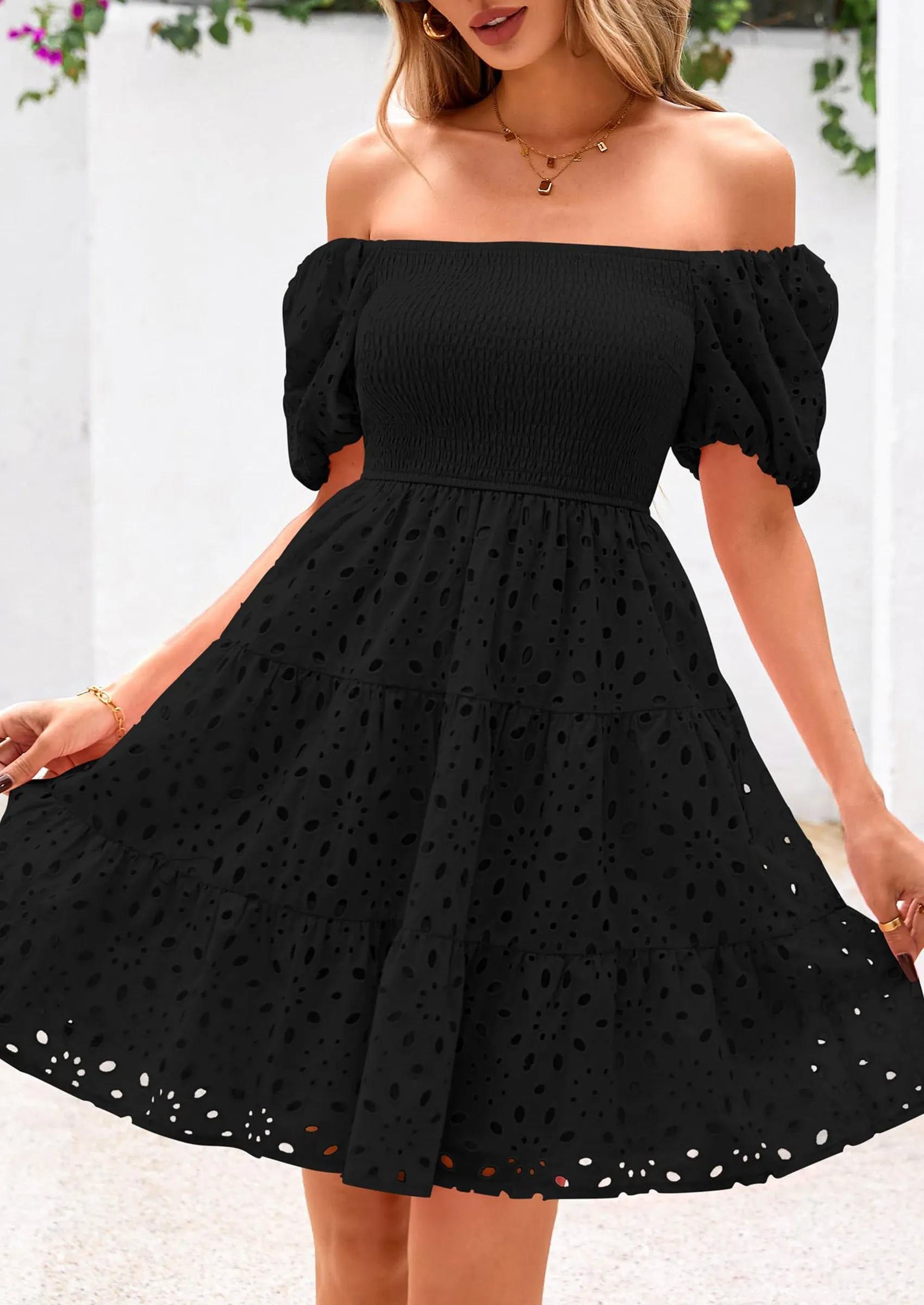 Puff Sleeve Off Shoulder Eyelet Smocked A Line Casual Babydoll Mini Dress