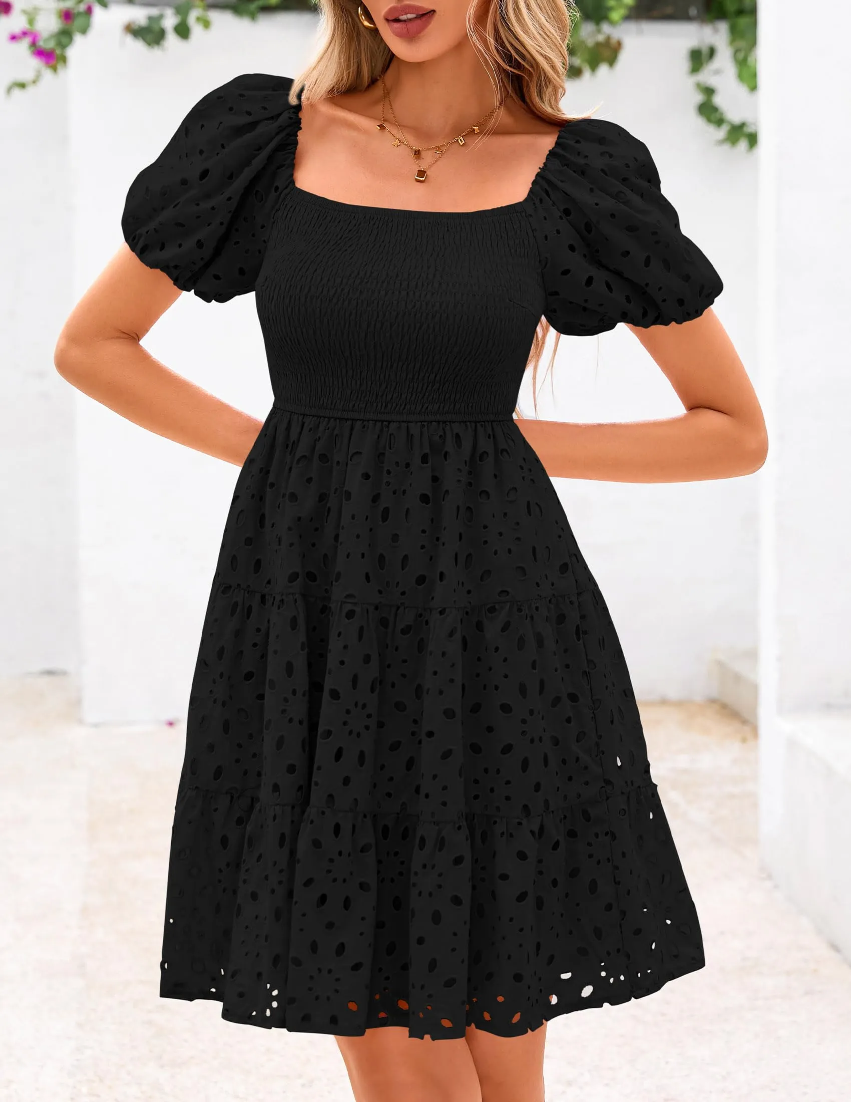 Puff Sleeve Off Shoulder Eyelet Smocked A Line Casual Babydoll Mini Dress