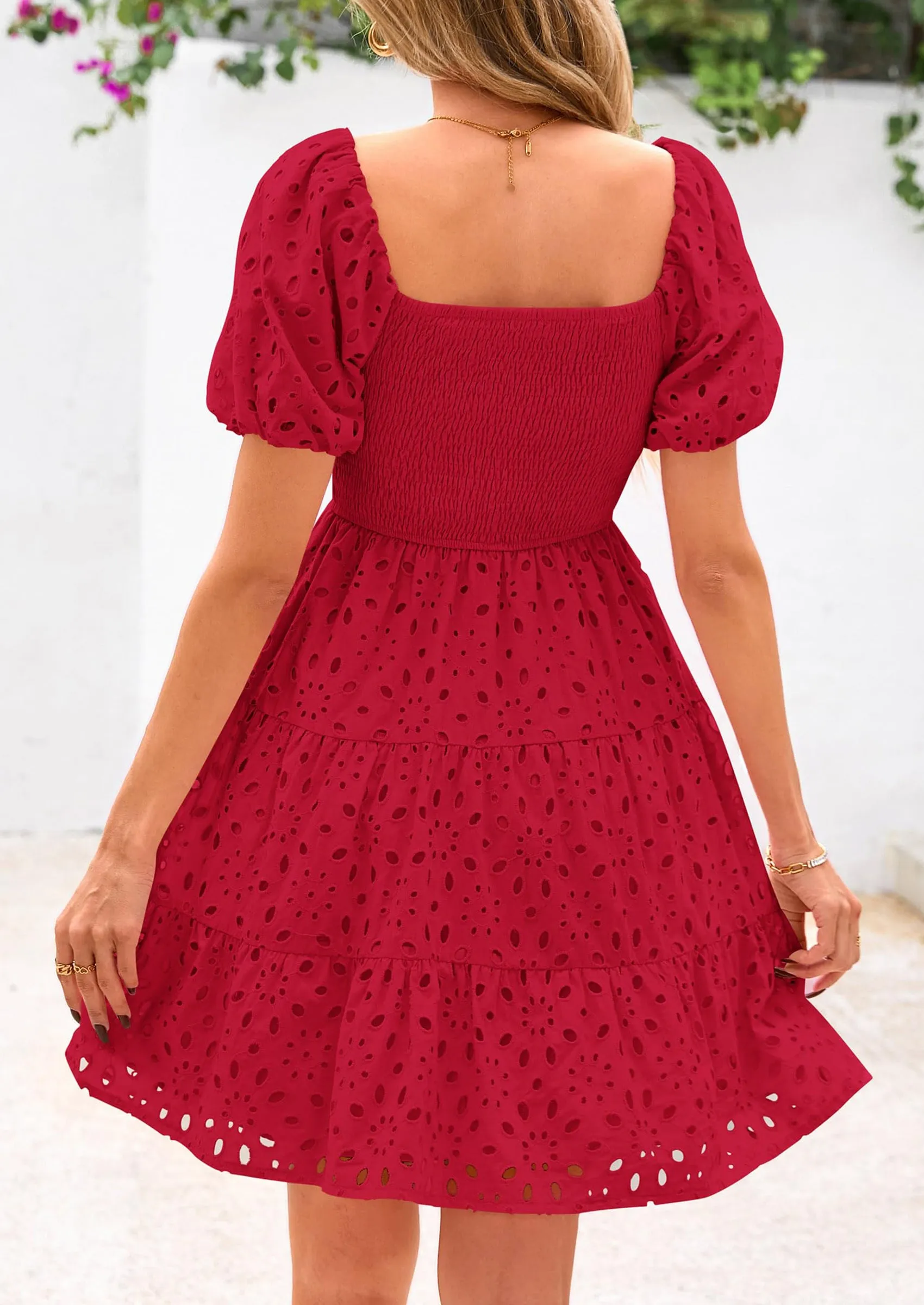 Puff Sleeve Off Shoulder Eyelet Smocked A Line Casual Babydoll Mini Dress