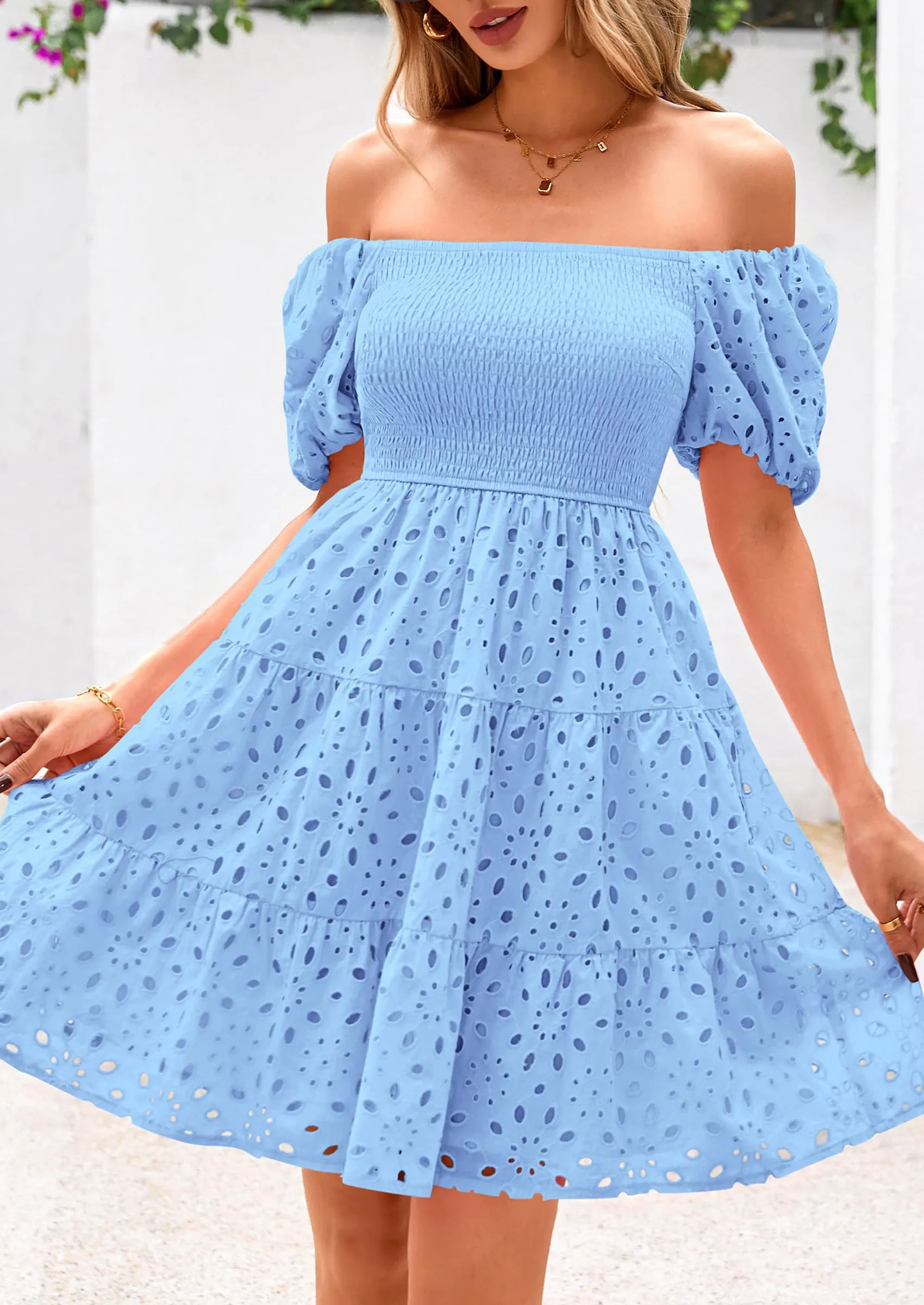 Puff Sleeve Off Shoulder Eyelet Smocked A Line Casual Babydoll Mini Dress