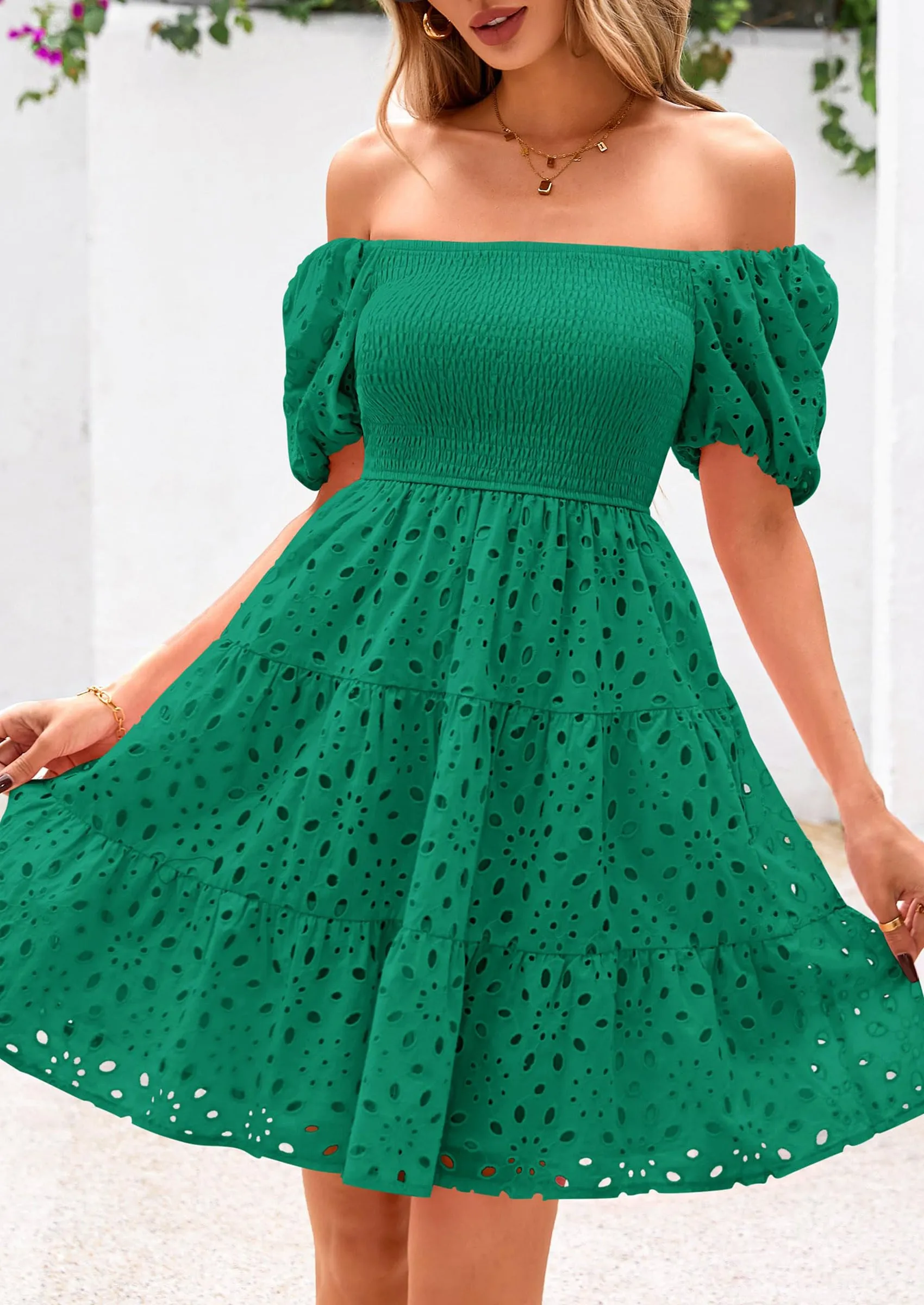 Puff Sleeve Off Shoulder Eyelet Smocked A Line Casual Babydoll Mini Dress