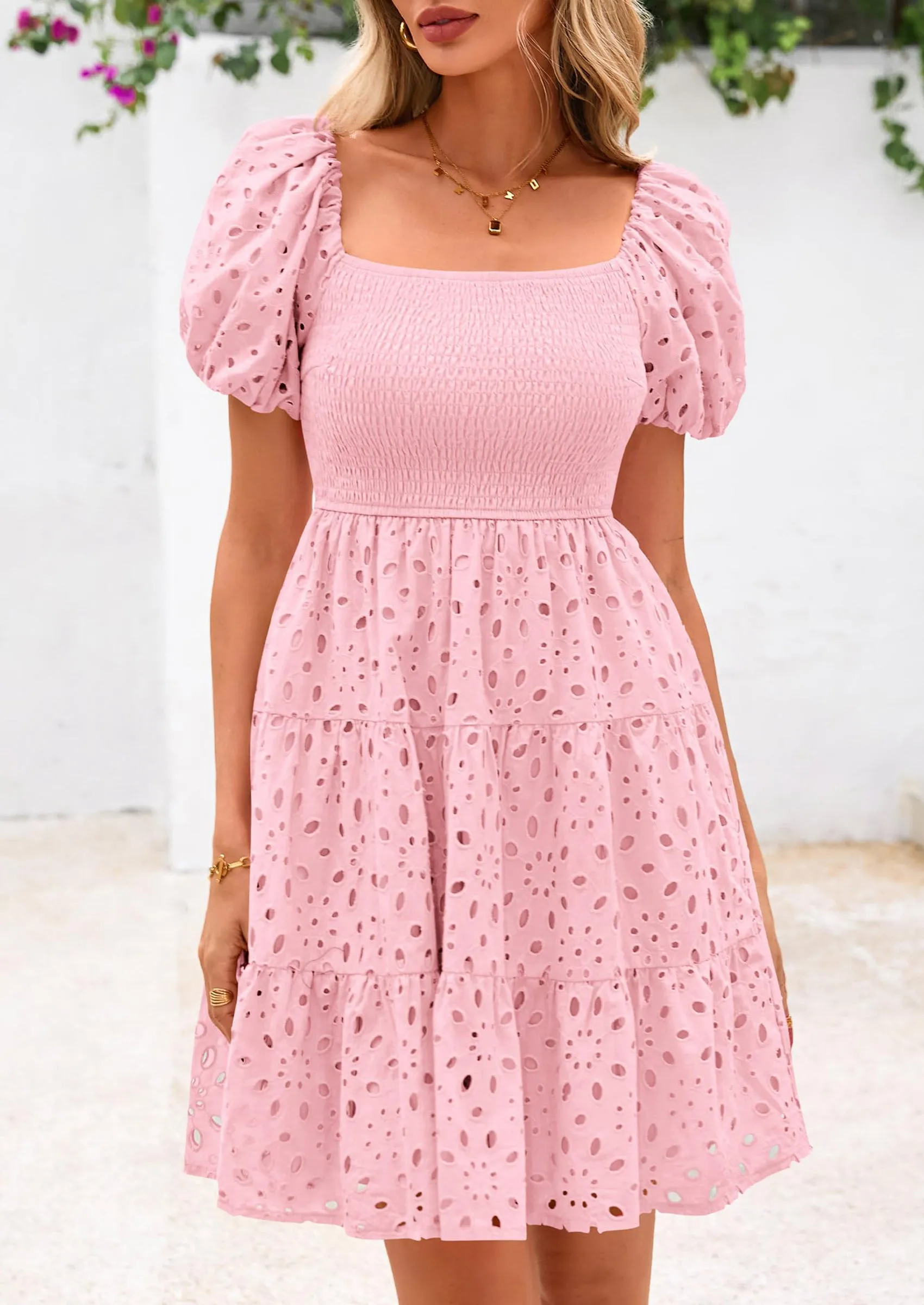 Puff Sleeve Off Shoulder Eyelet Smocked A Line Casual Babydoll Mini Dress