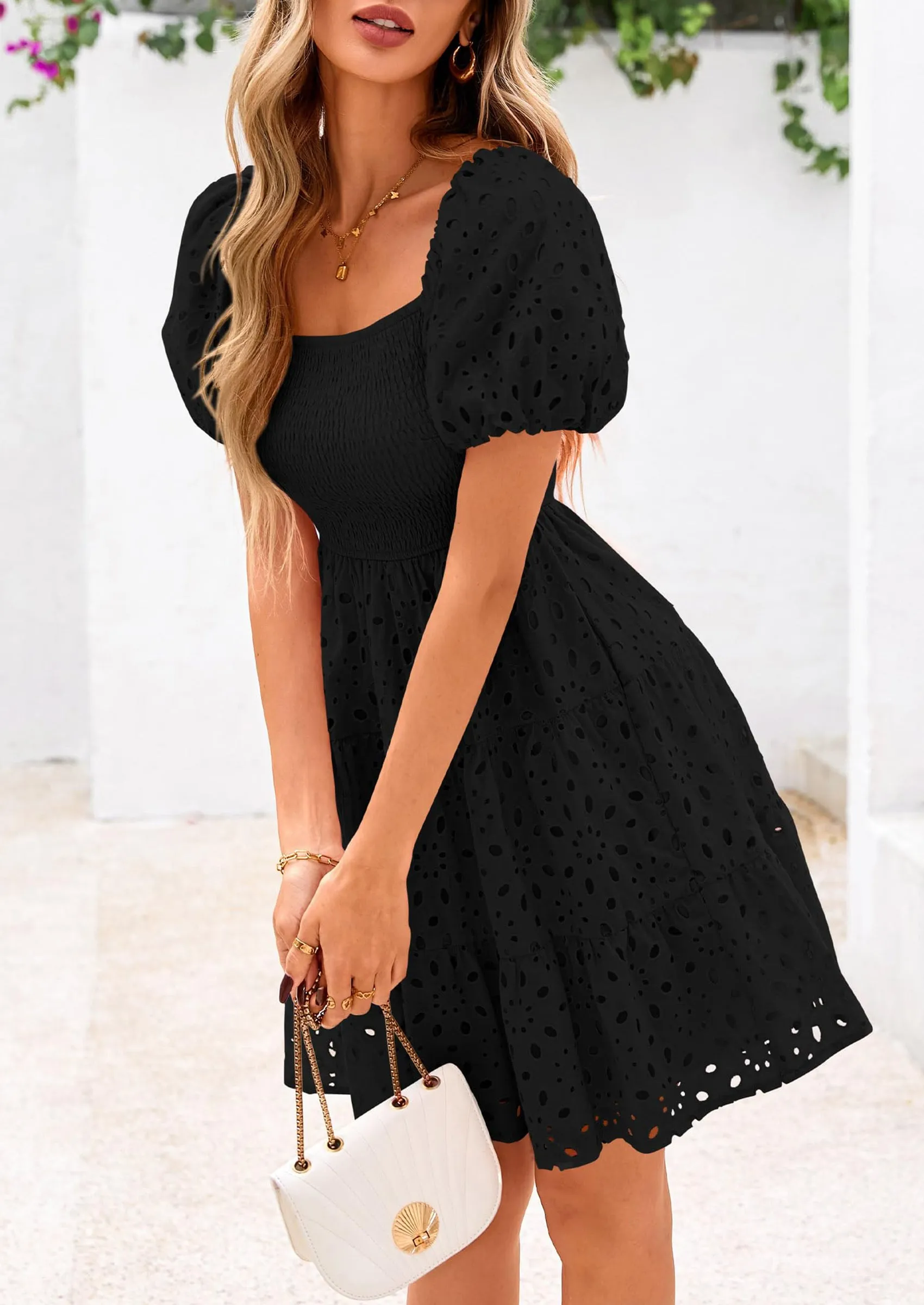Puff Sleeve Off Shoulder Eyelet Smocked A Line Casual Babydoll Mini Dress