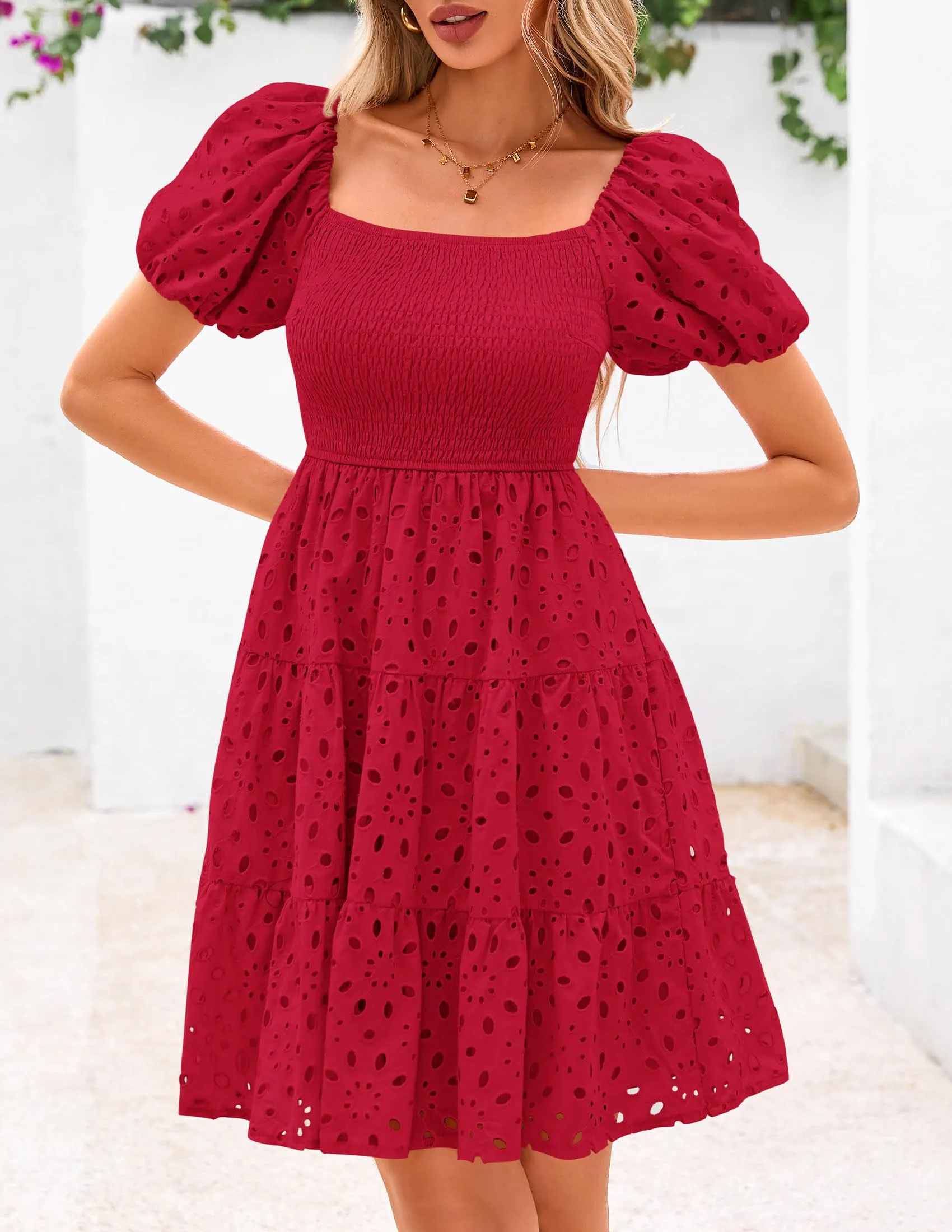 Puff Sleeve Off Shoulder Eyelet Smocked A Line Casual Babydoll Mini Dress