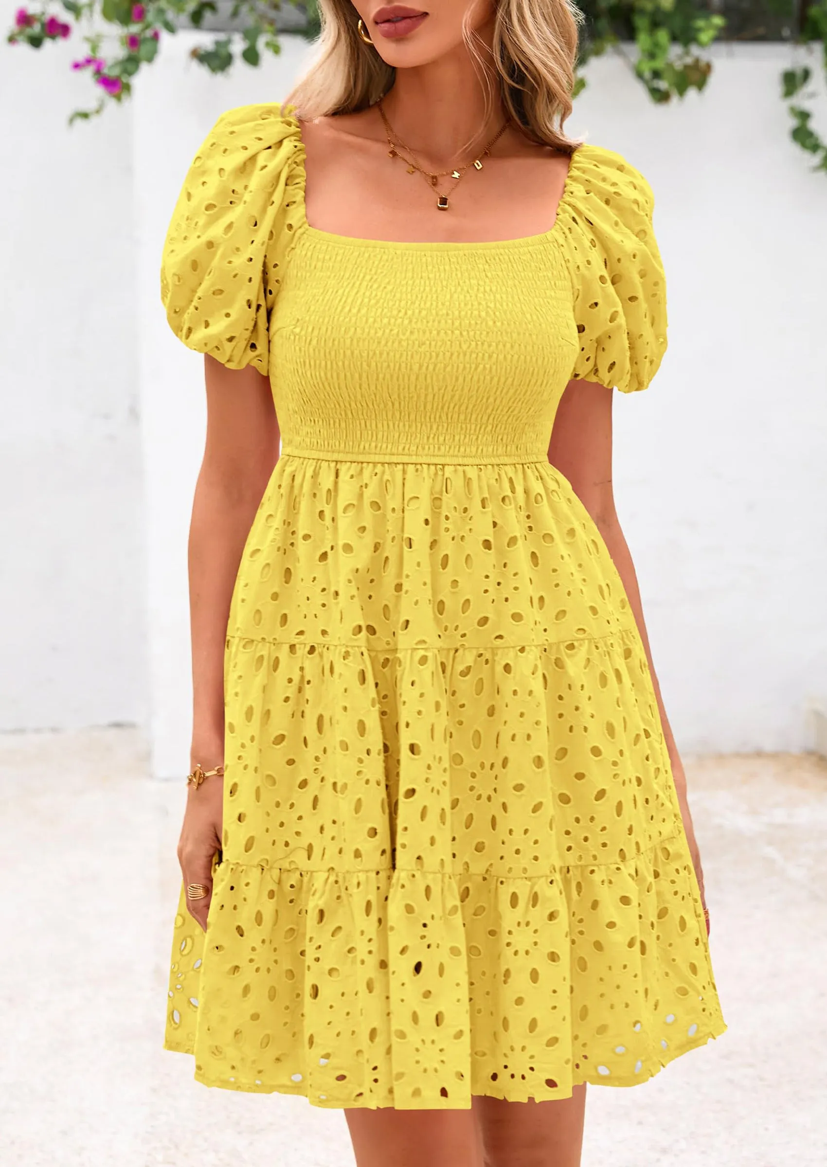Puff Sleeve Off Shoulder Eyelet Smocked A Line Casual Babydoll Mini Dress