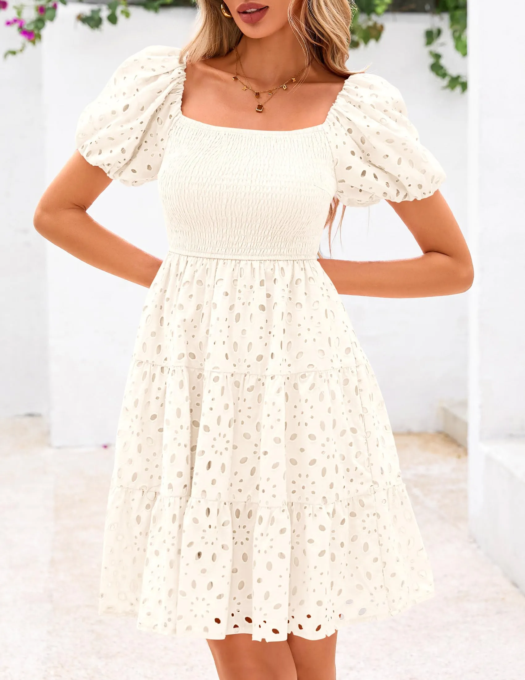 Puff Sleeve Off Shoulder Eyelet Smocked A Line Casual Babydoll Mini Dress