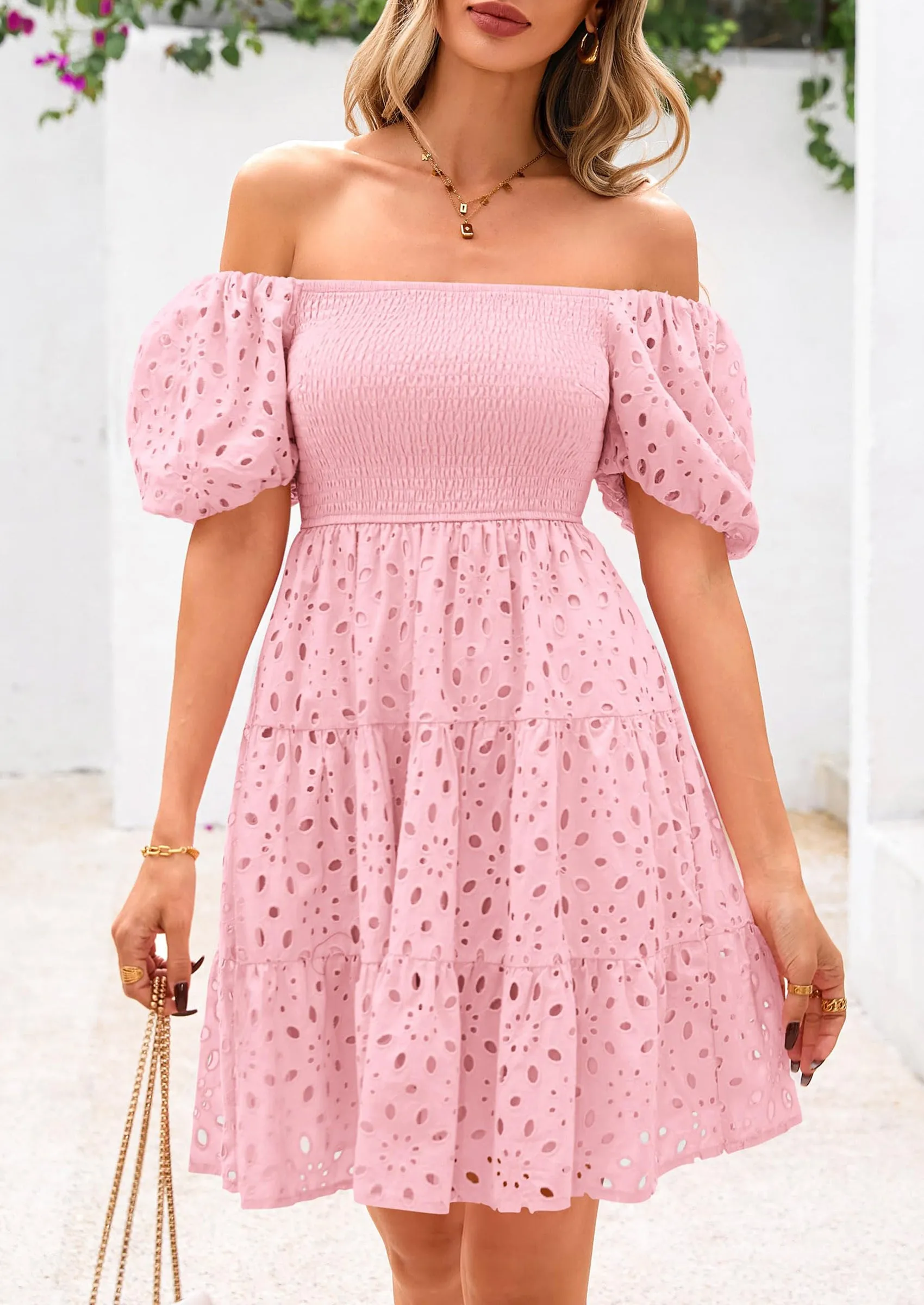Puff Sleeve Off Shoulder Eyelet Smocked A Line Casual Babydoll Mini Dress