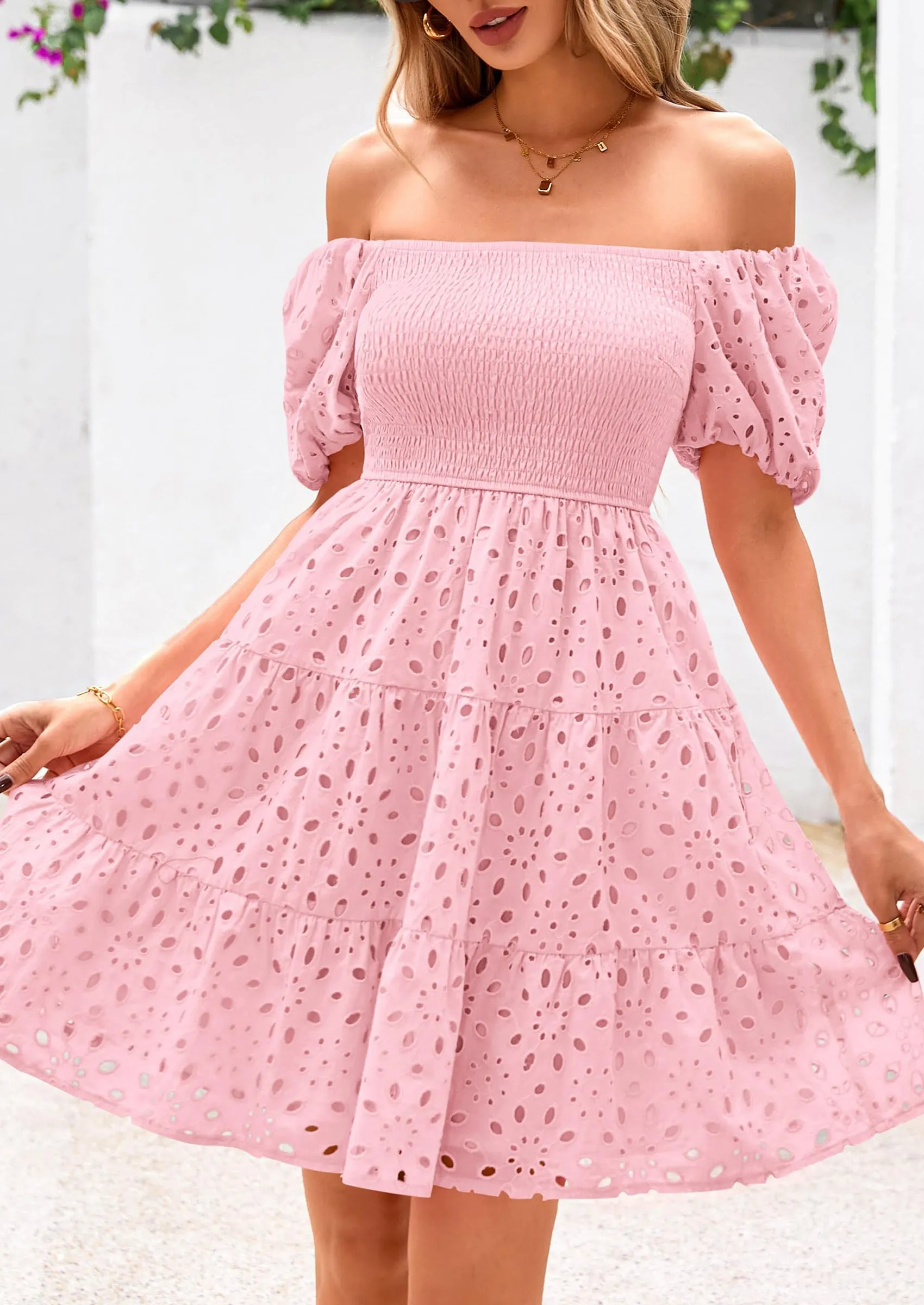 Puff Sleeve Off Shoulder Eyelet Smocked A Line Casual Babydoll Mini Dress