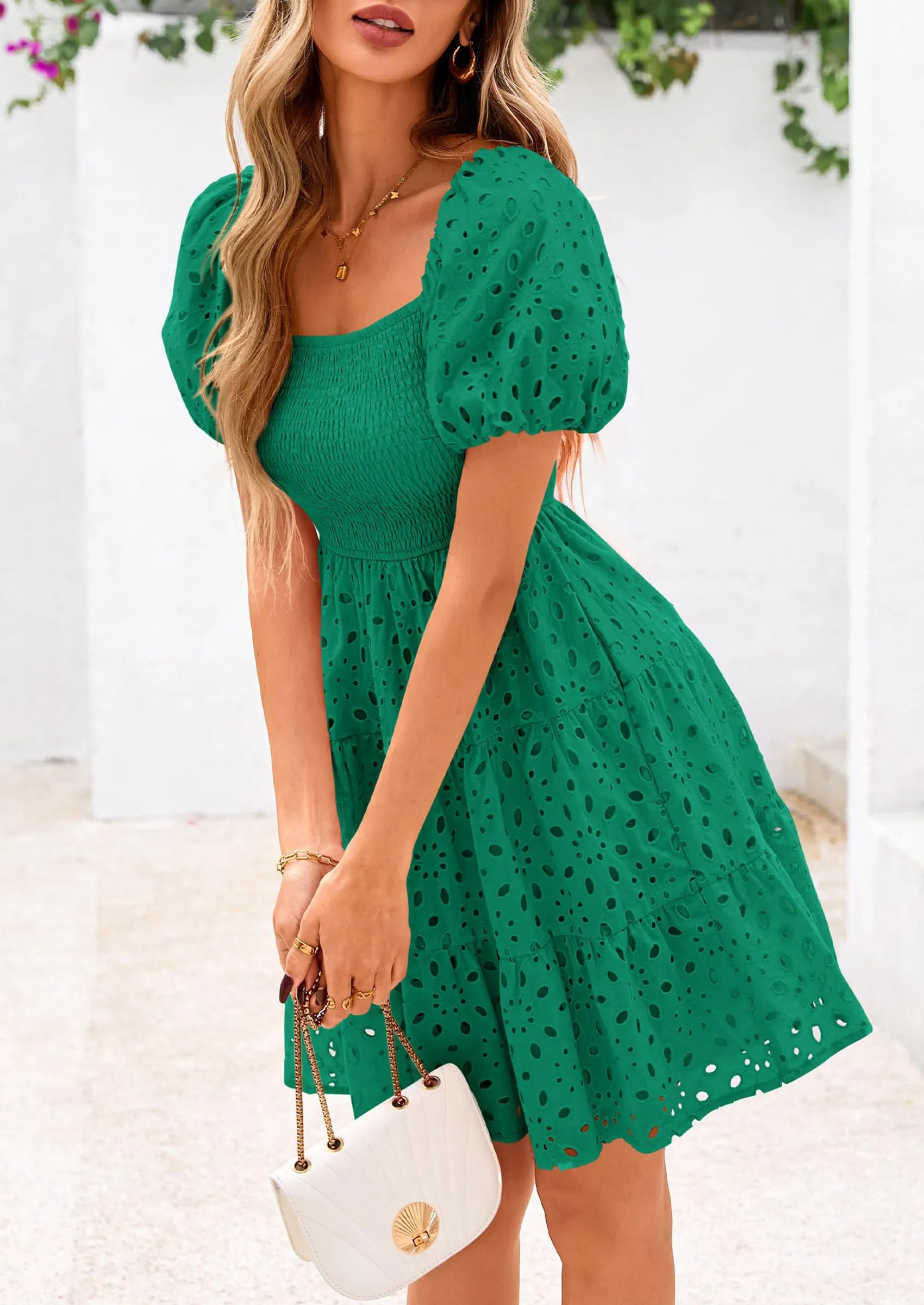 Puff Sleeve Off Shoulder Eyelet Smocked A Line Casual Babydoll Mini Dress