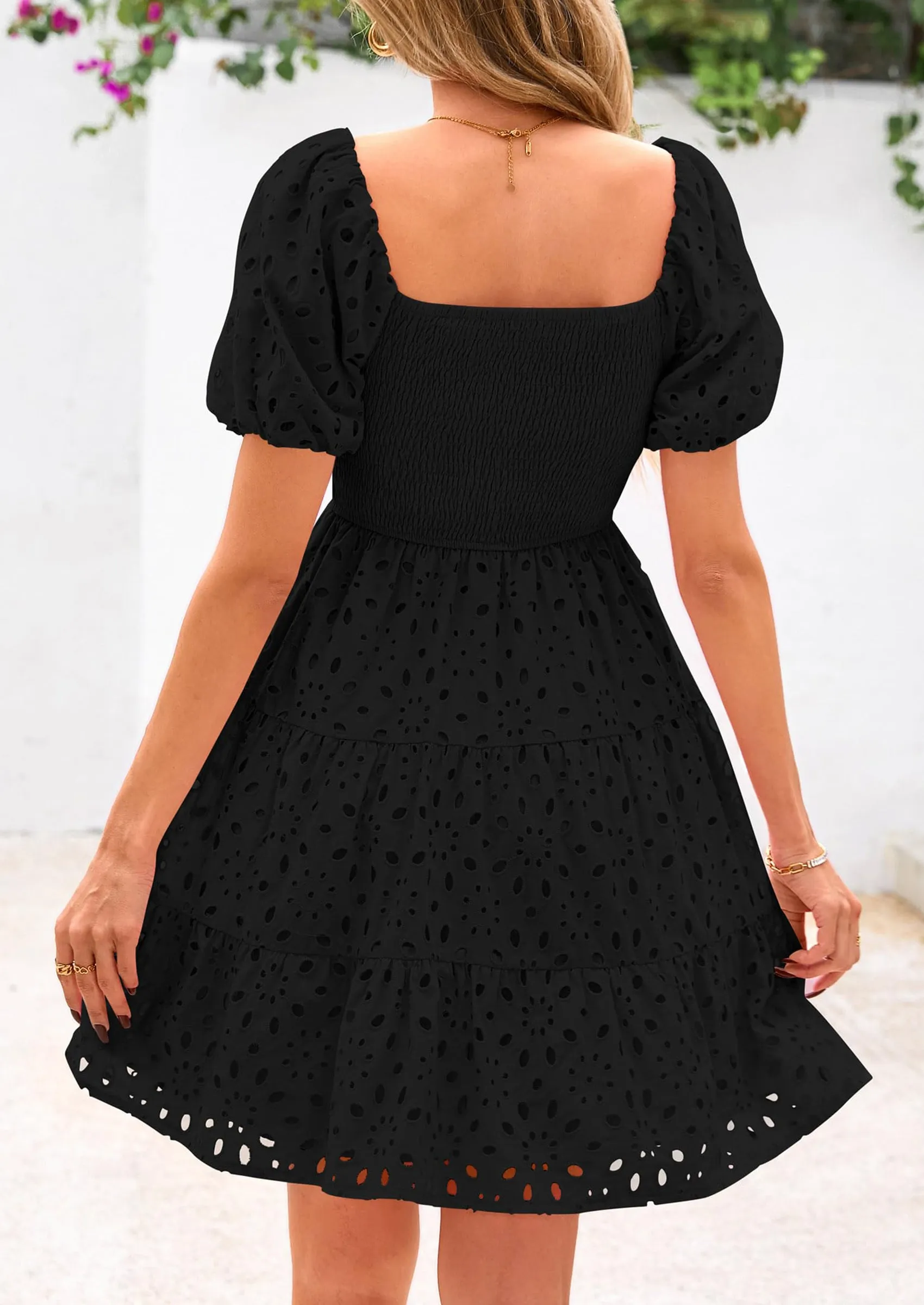 Puff Sleeve Off Shoulder Eyelet Smocked A Line Casual Babydoll Mini Dress