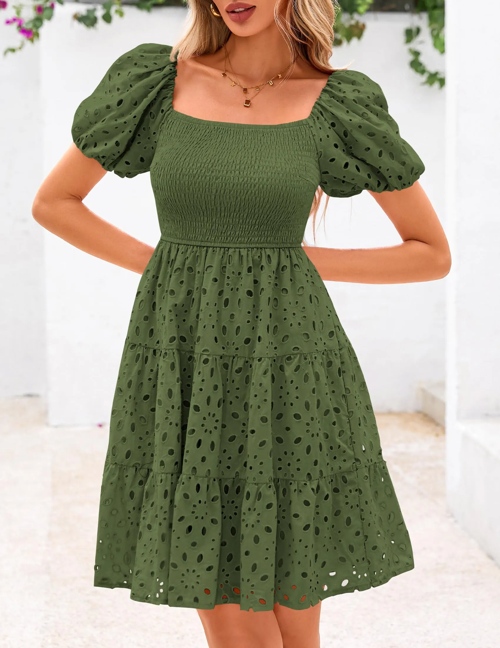 Puff Sleeve Off Shoulder Eyelet Smocked A Line Casual Babydoll Mini Dress