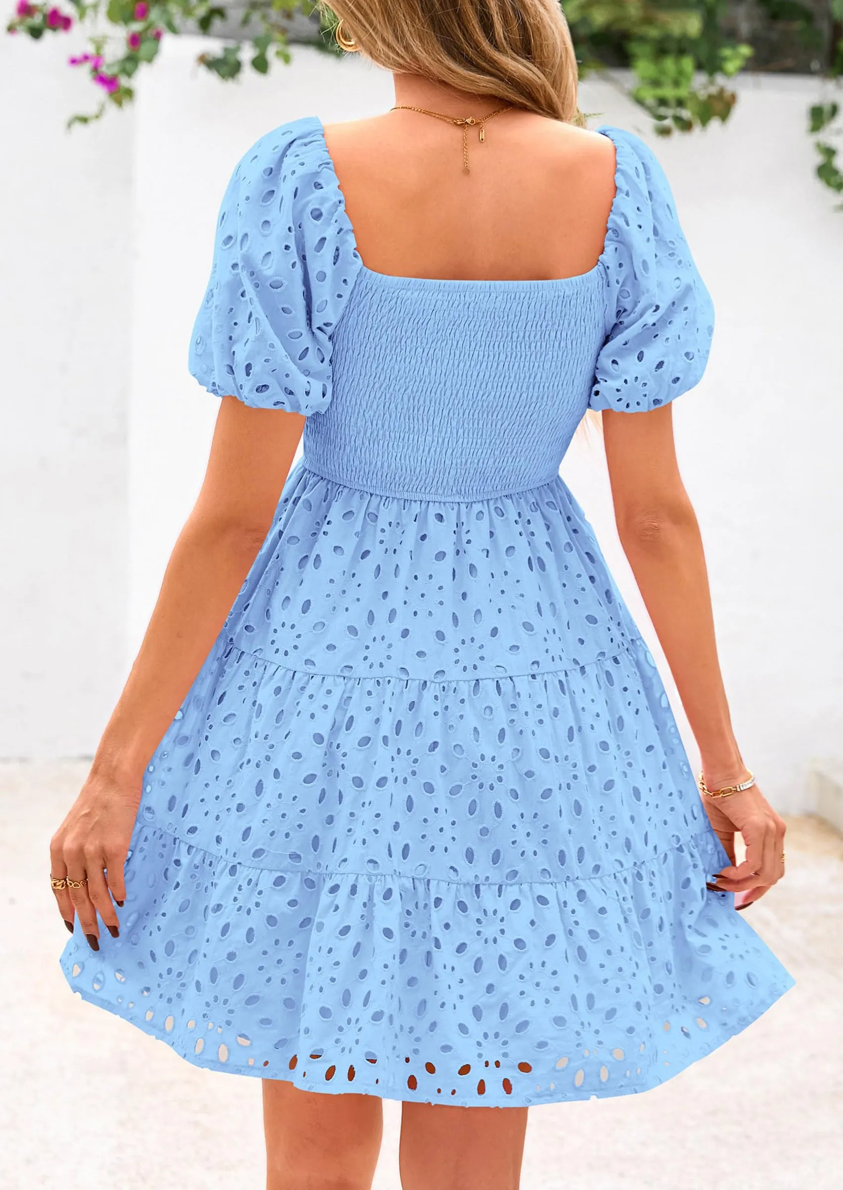 Puff Sleeve Off Shoulder Eyelet Smocked A Line Casual Babydoll Mini Dress