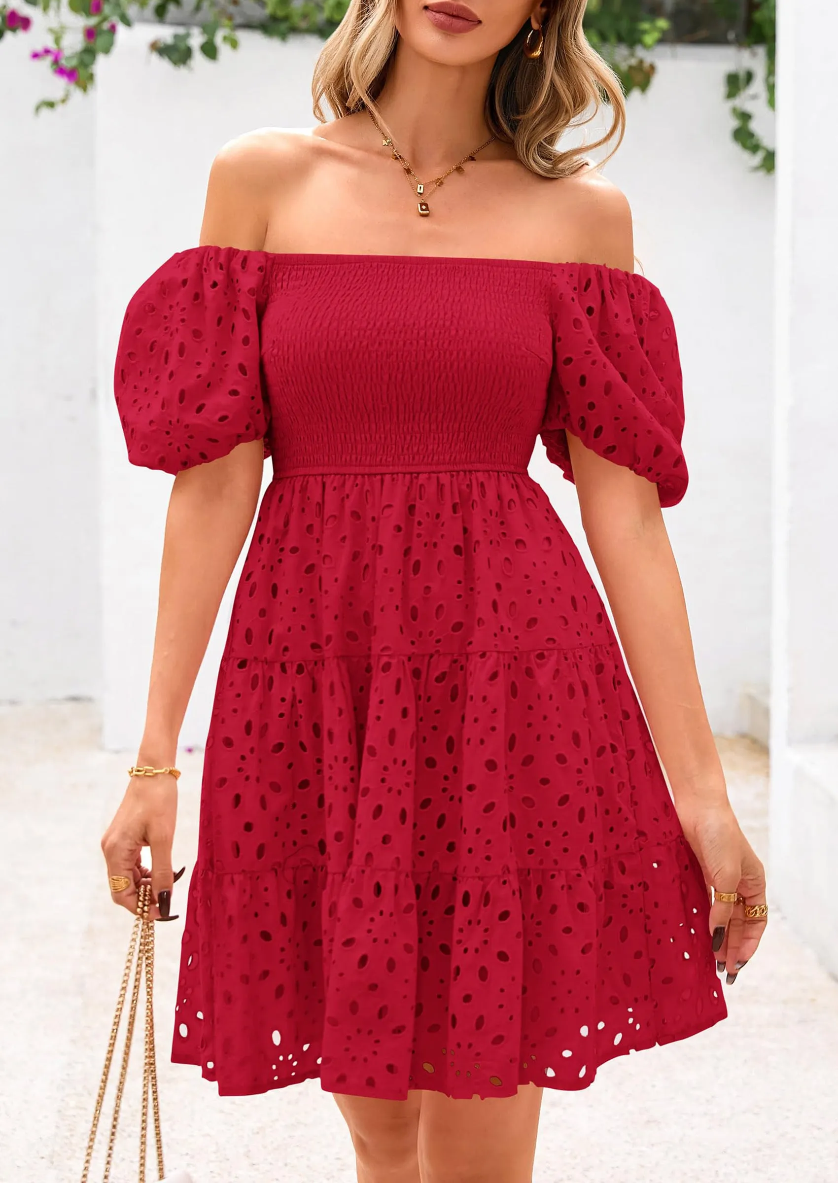 Puff Sleeve Off Shoulder Eyelet Smocked A Line Casual Babydoll Mini Dress