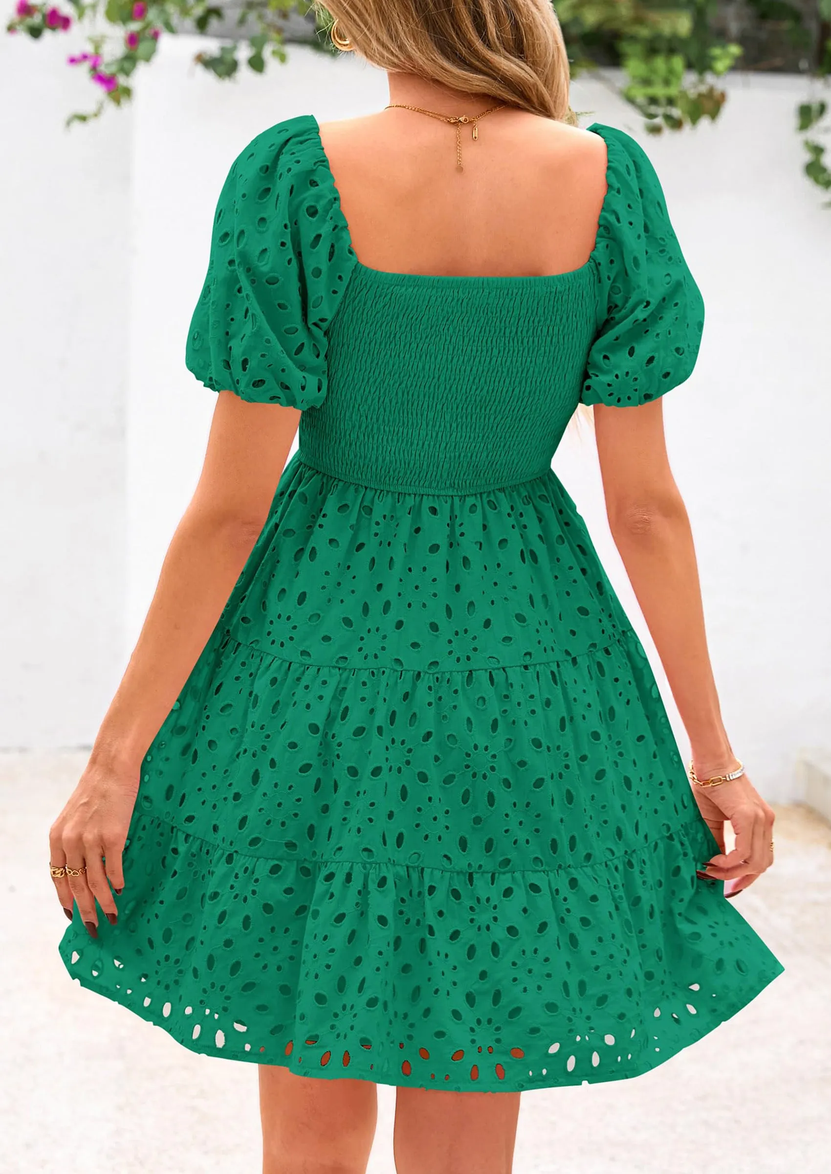 Puff Sleeve Off Shoulder Eyelet Smocked A Line Casual Babydoll Mini Dress