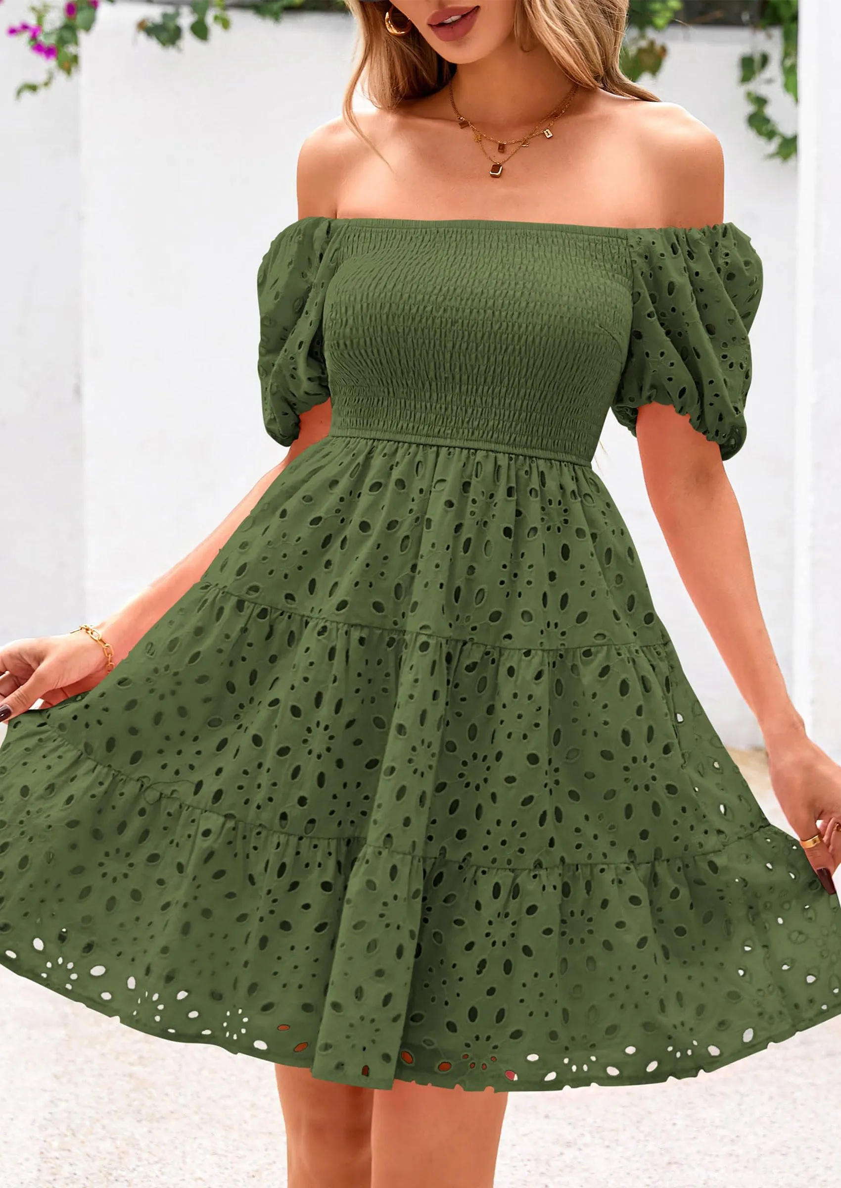 Puff Sleeve Off Shoulder Eyelet Smocked A Line Casual Babydoll Mini Dress