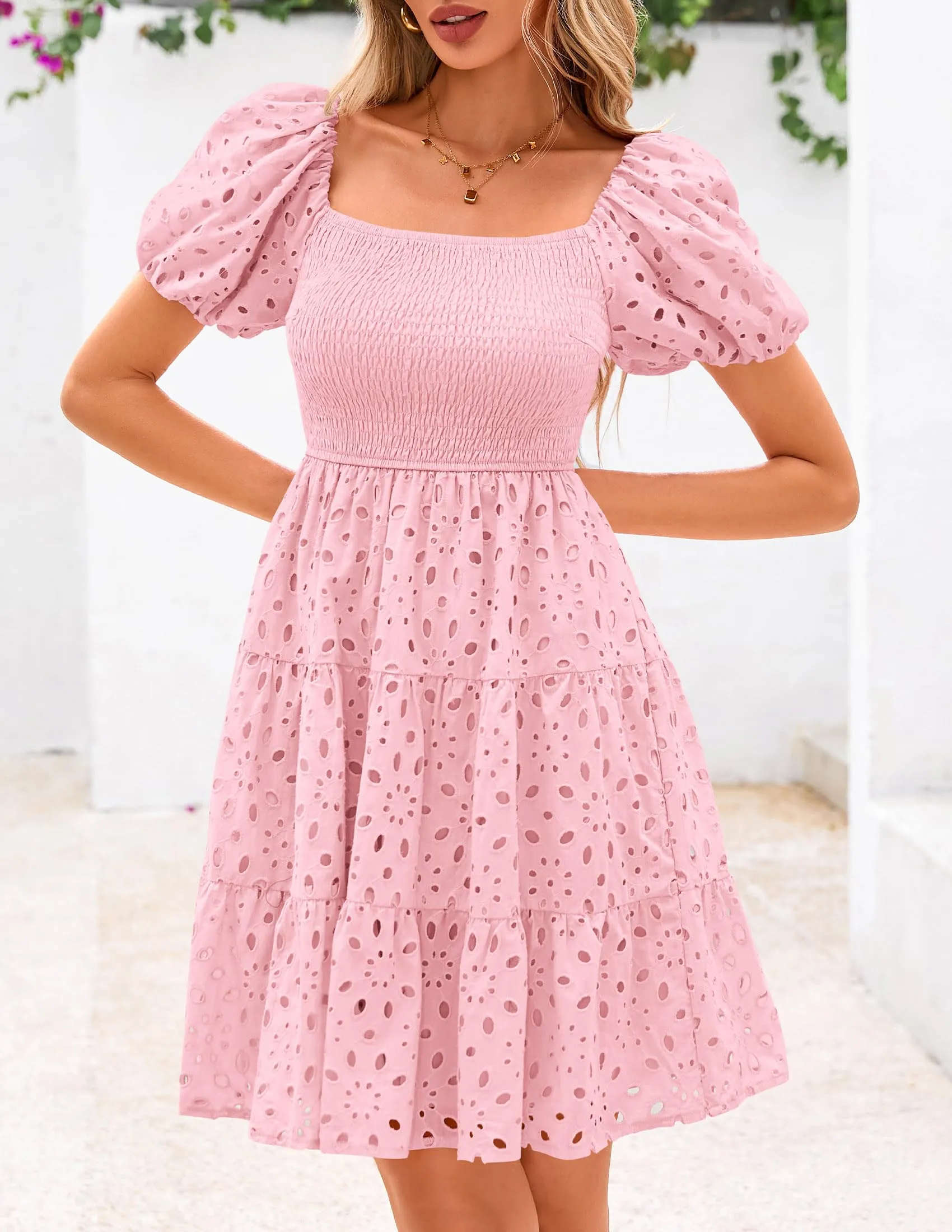 Puff Sleeve Off Shoulder Eyelet Smocked A Line Casual Babydoll Mini Dress