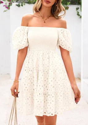 Puff Sleeve Off Shoulder Eyelet Smocked A Line Casual Babydoll Mini Dress