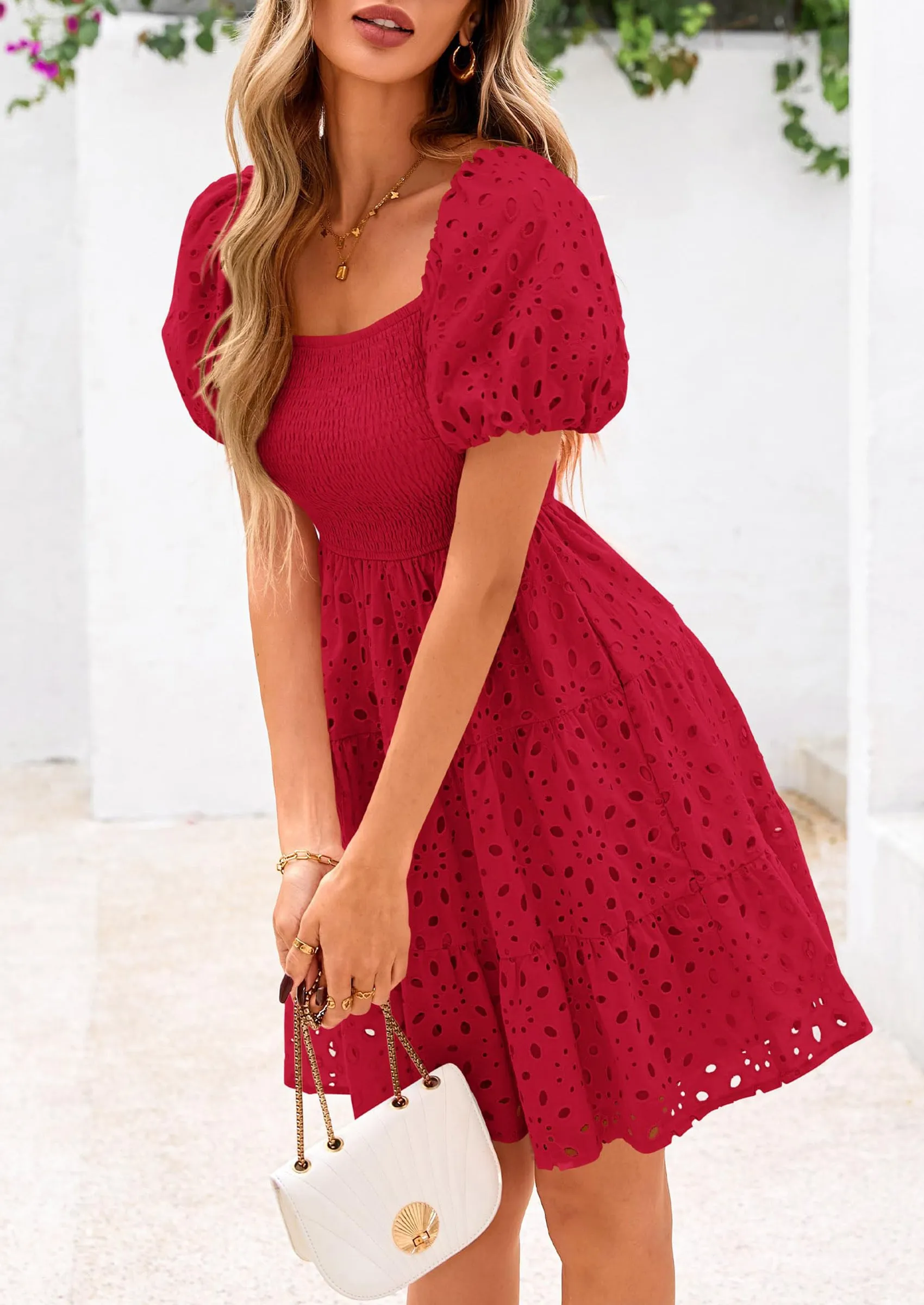 Puff Sleeve Off Shoulder Eyelet Smocked A Line Casual Babydoll Mini Dress