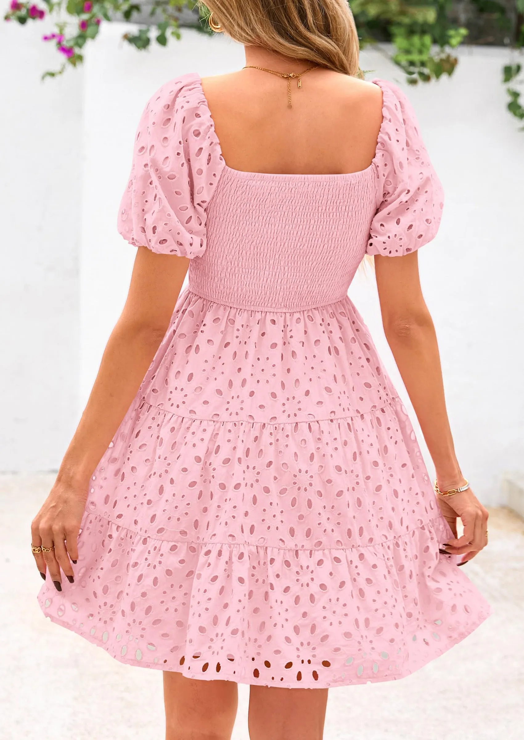 Puff Sleeve Off Shoulder Eyelet Smocked A Line Casual Babydoll Mini Dress