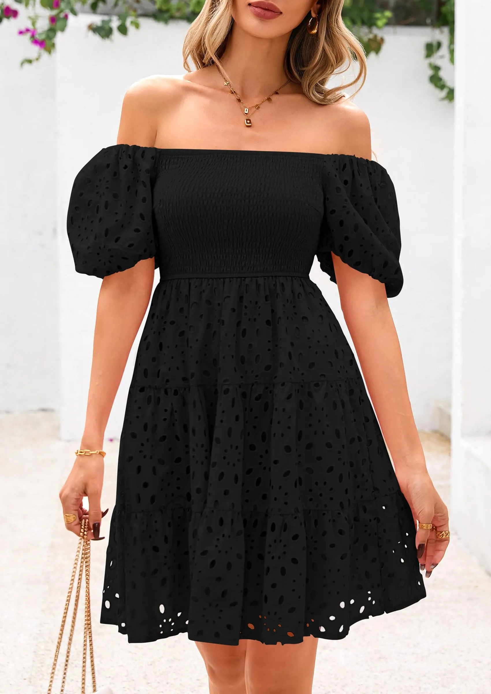 Puff Sleeve Off Shoulder Eyelet Smocked A Line Casual Babydoll Mini Dress