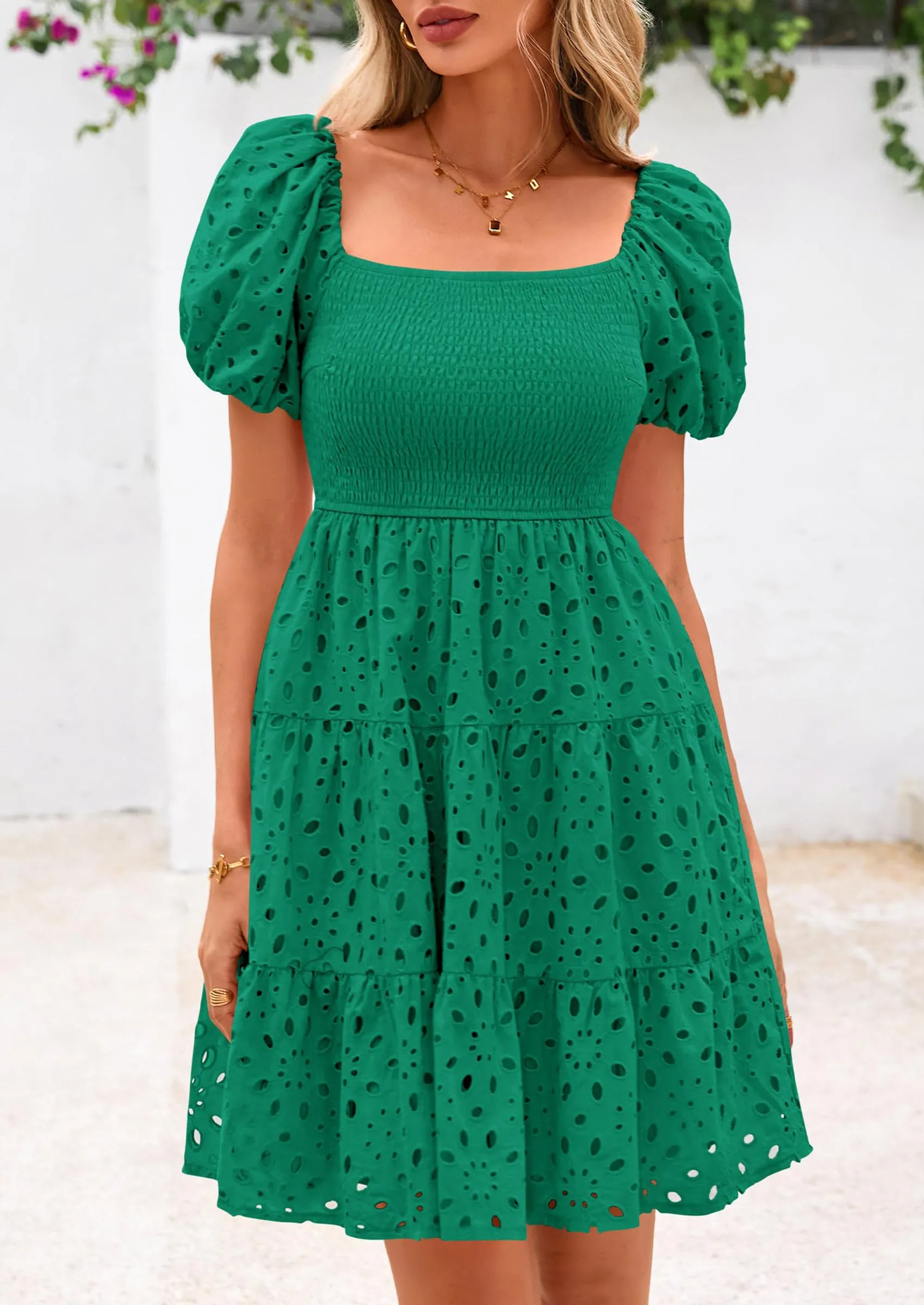 Puff Sleeve Off Shoulder Eyelet Smocked A Line Casual Babydoll Mini Dress
