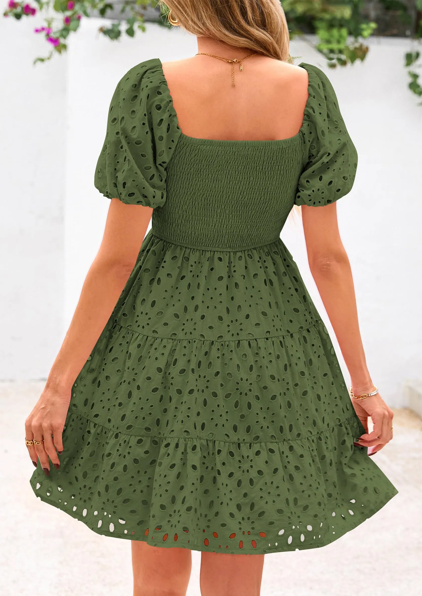 Puff Sleeve Off Shoulder Eyelet Smocked A Line Casual Babydoll Mini Dress