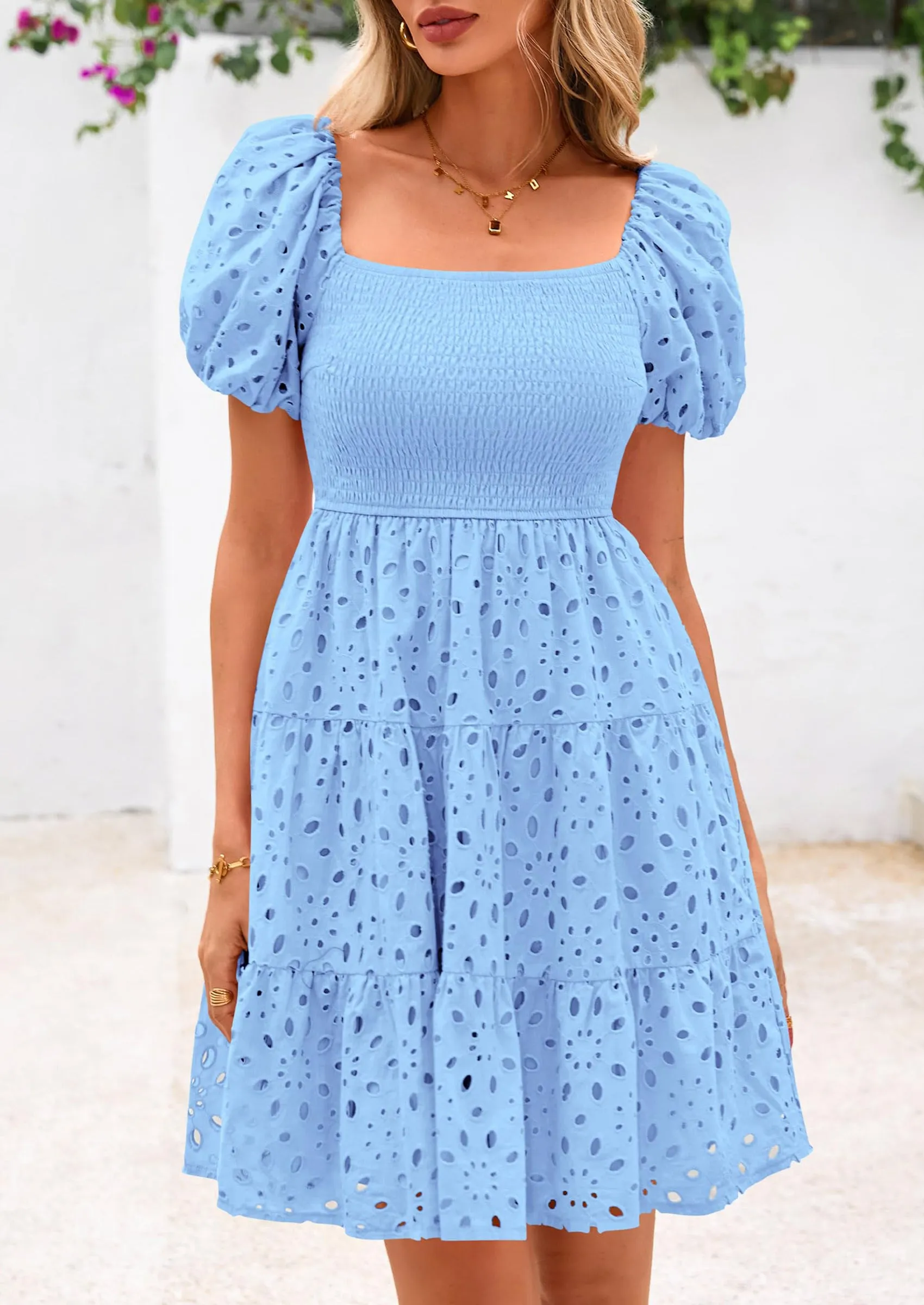 Puff Sleeve Off Shoulder Eyelet Smocked A Line Casual Babydoll Mini Dress