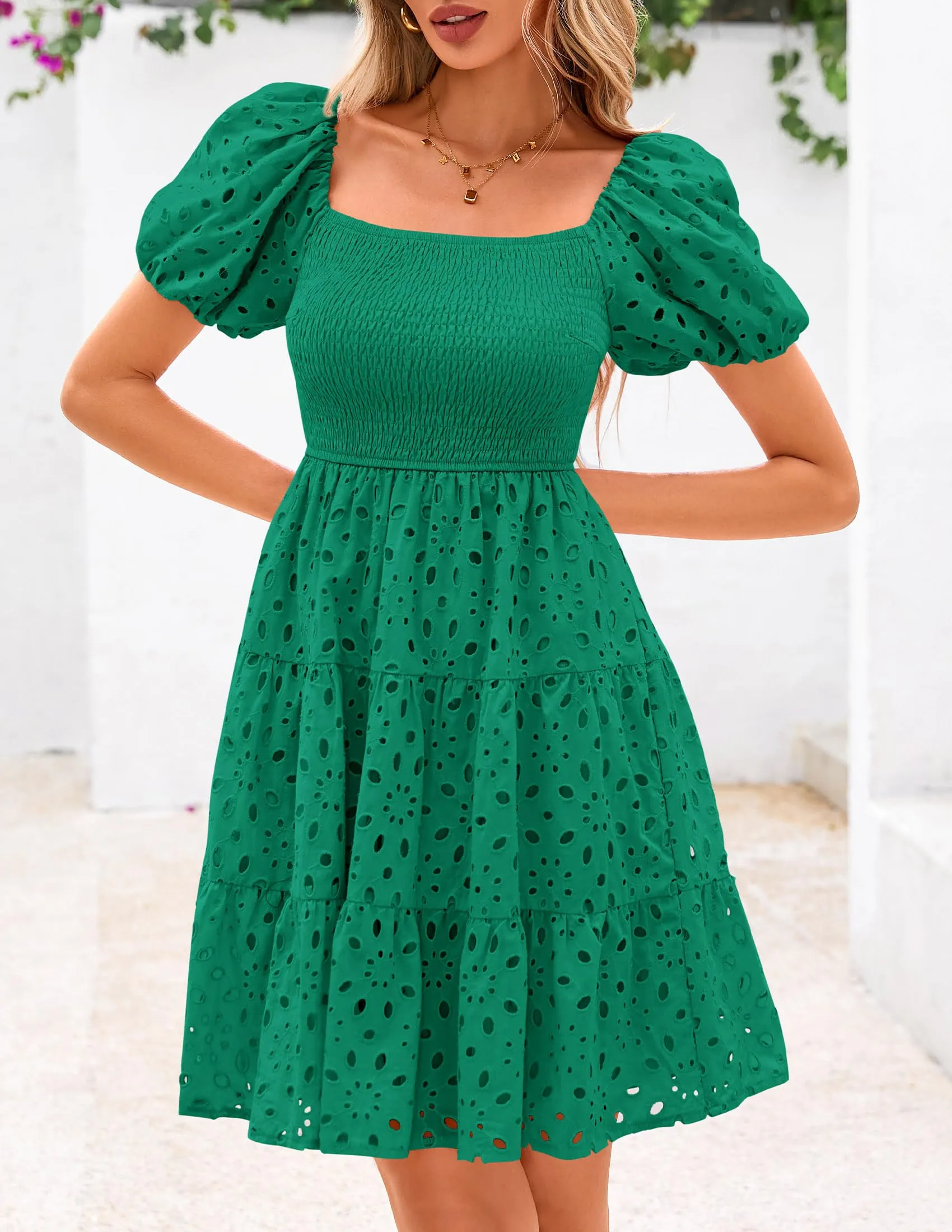 Puff Sleeve Off Shoulder Eyelet Smocked A Line Casual Babydoll Mini Dress