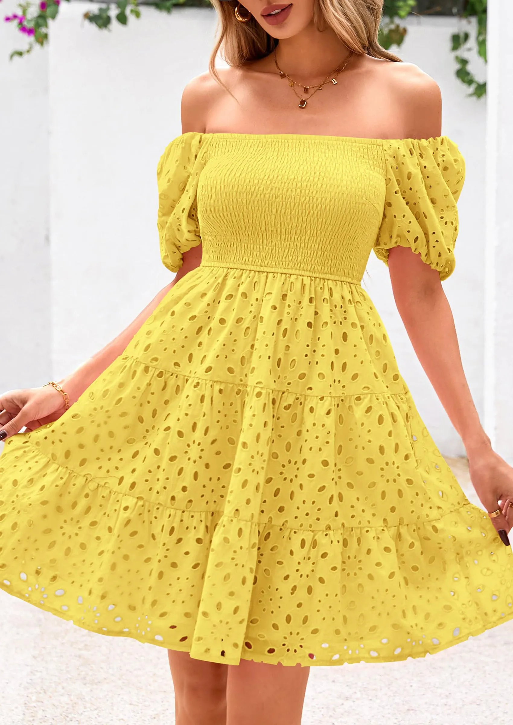 Puff Sleeve Off Shoulder Eyelet Smocked A Line Casual Babydoll Mini Dress
