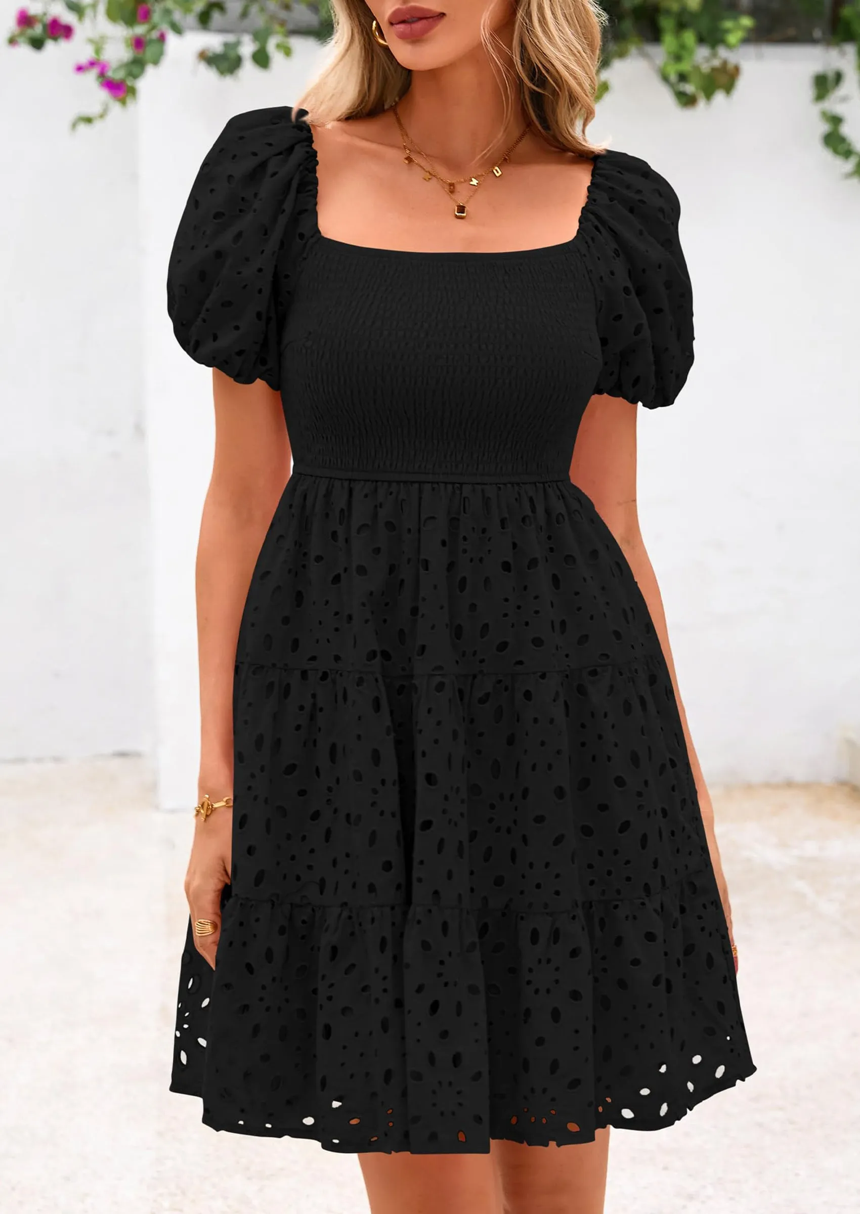 Puff Sleeve Off Shoulder Eyelet Smocked A Line Casual Babydoll Mini Dress
