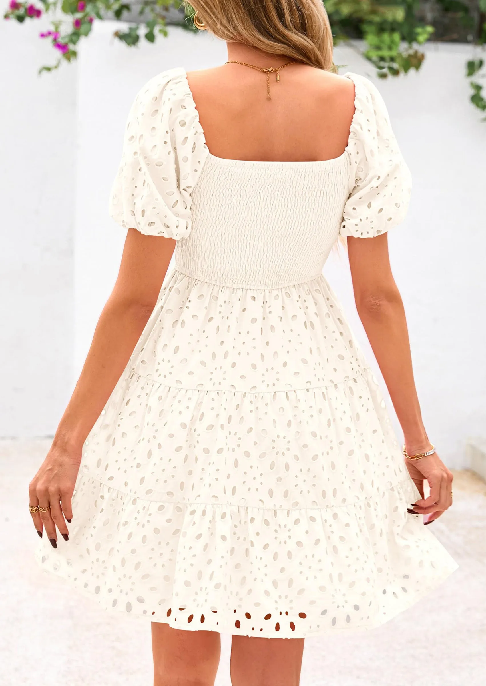 Puff Sleeve Off Shoulder Eyelet Smocked A Line Casual Babydoll Mini Dress