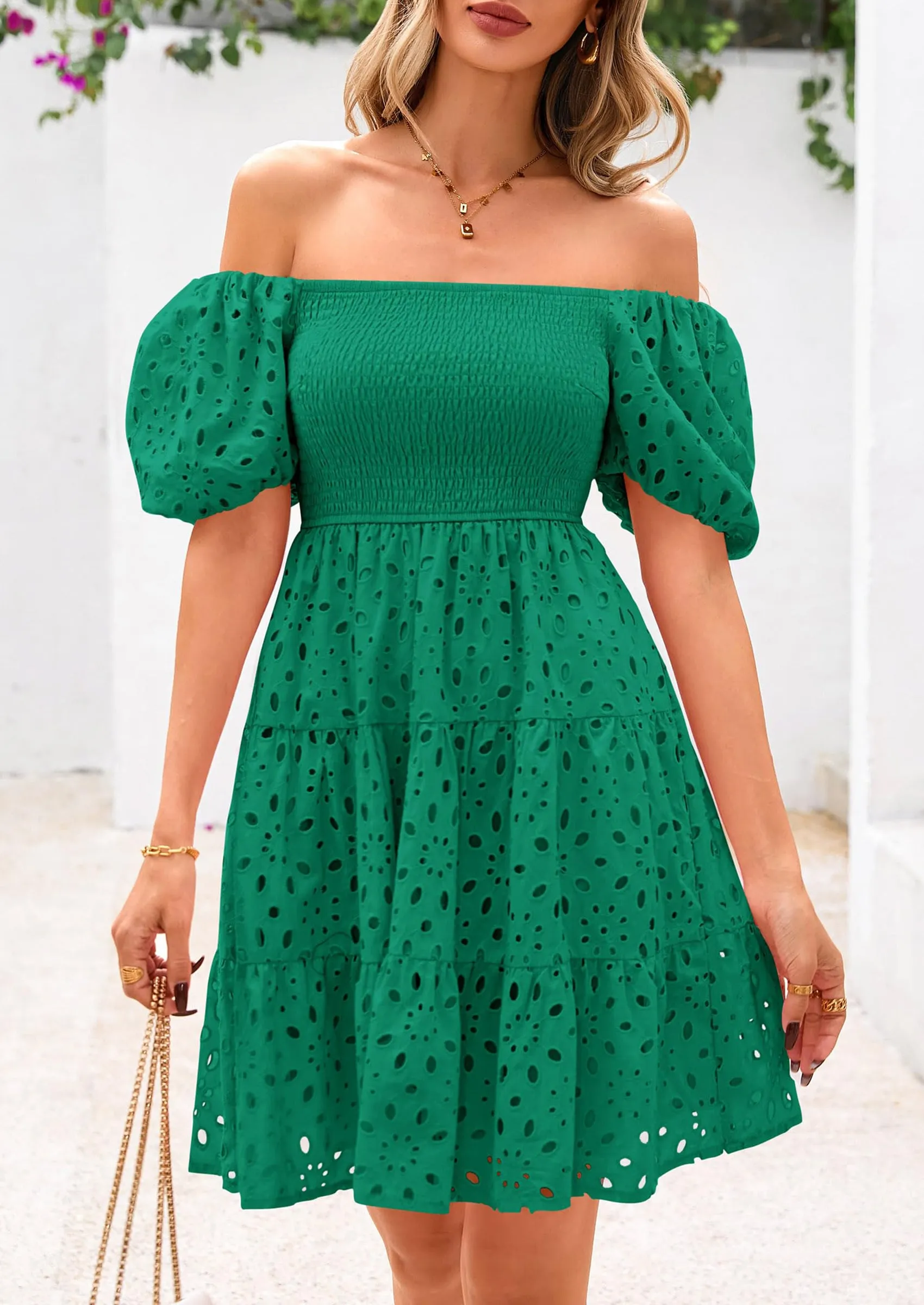 Puff Sleeve Off Shoulder Eyelet Smocked A Line Casual Babydoll Mini Dress