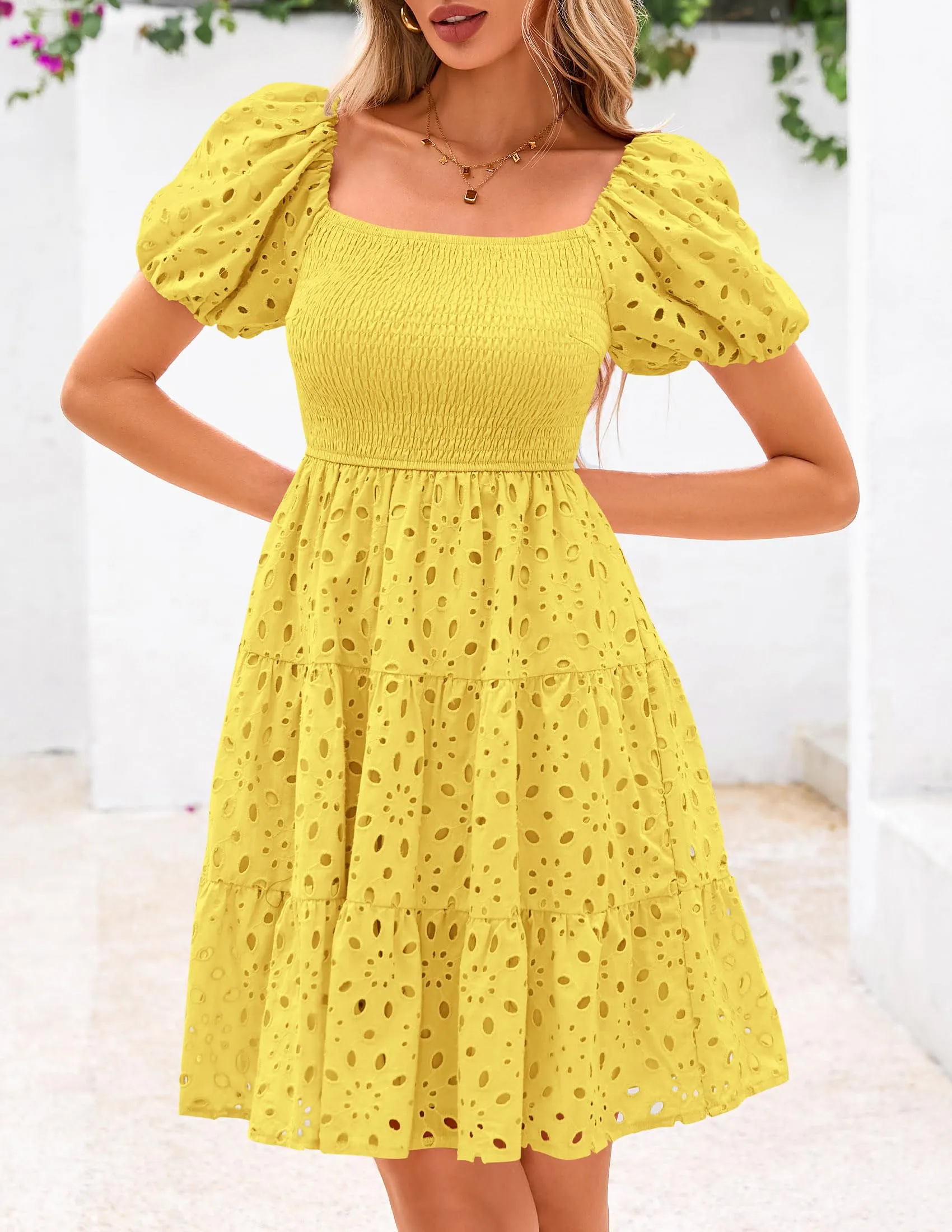 Puff Sleeve Off Shoulder Eyelet Smocked A Line Casual Babydoll Mini Dress