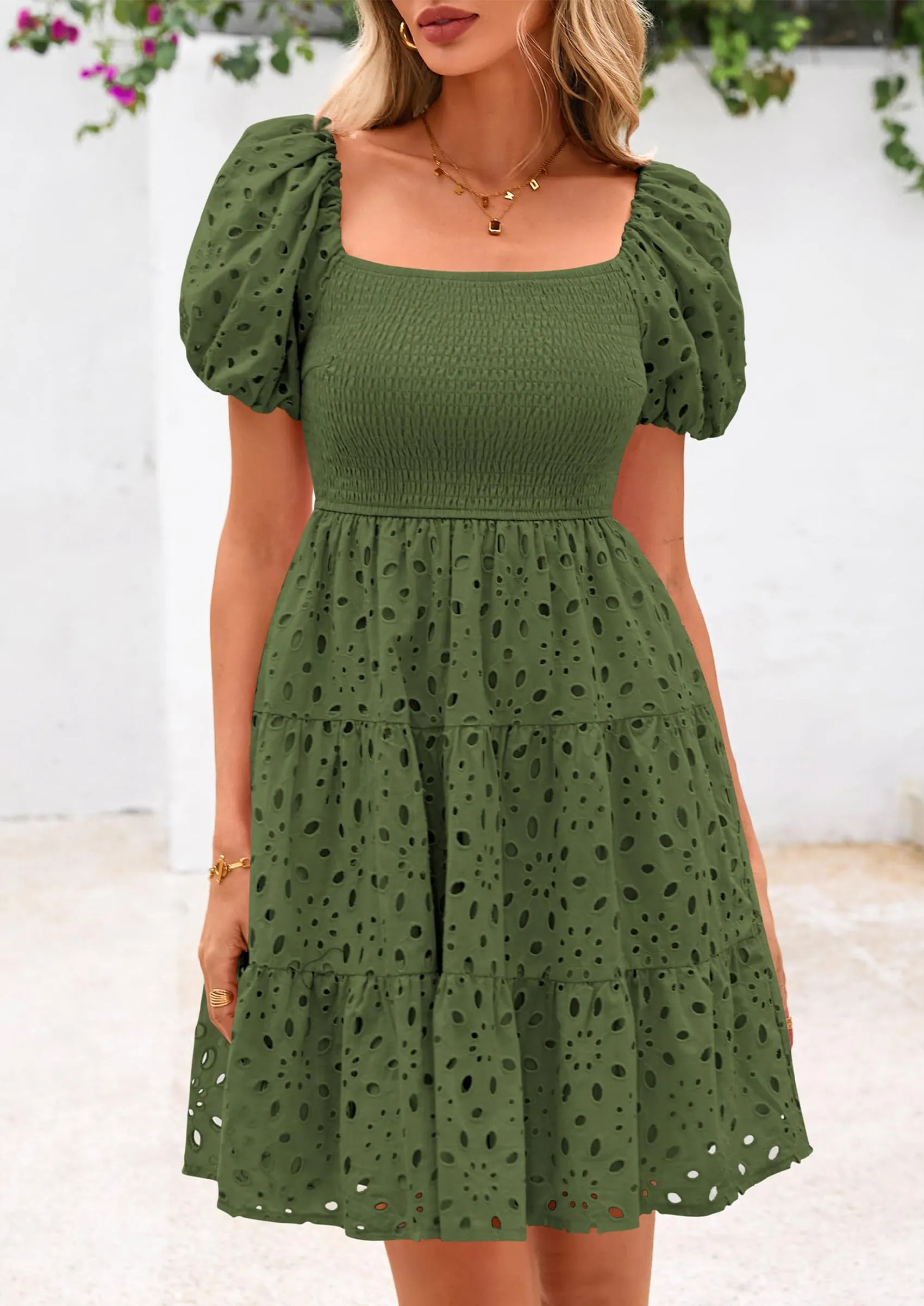 Puff Sleeve Off Shoulder Eyelet Smocked A Line Casual Babydoll Mini Dress