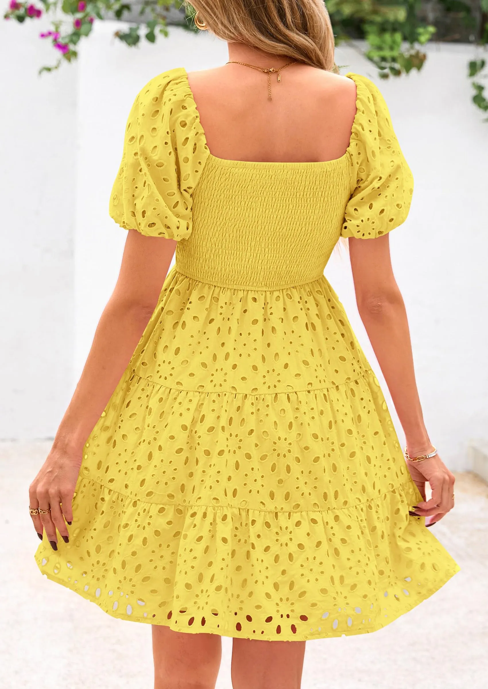 Puff Sleeve Off Shoulder Eyelet Smocked A Line Casual Babydoll Mini Dress