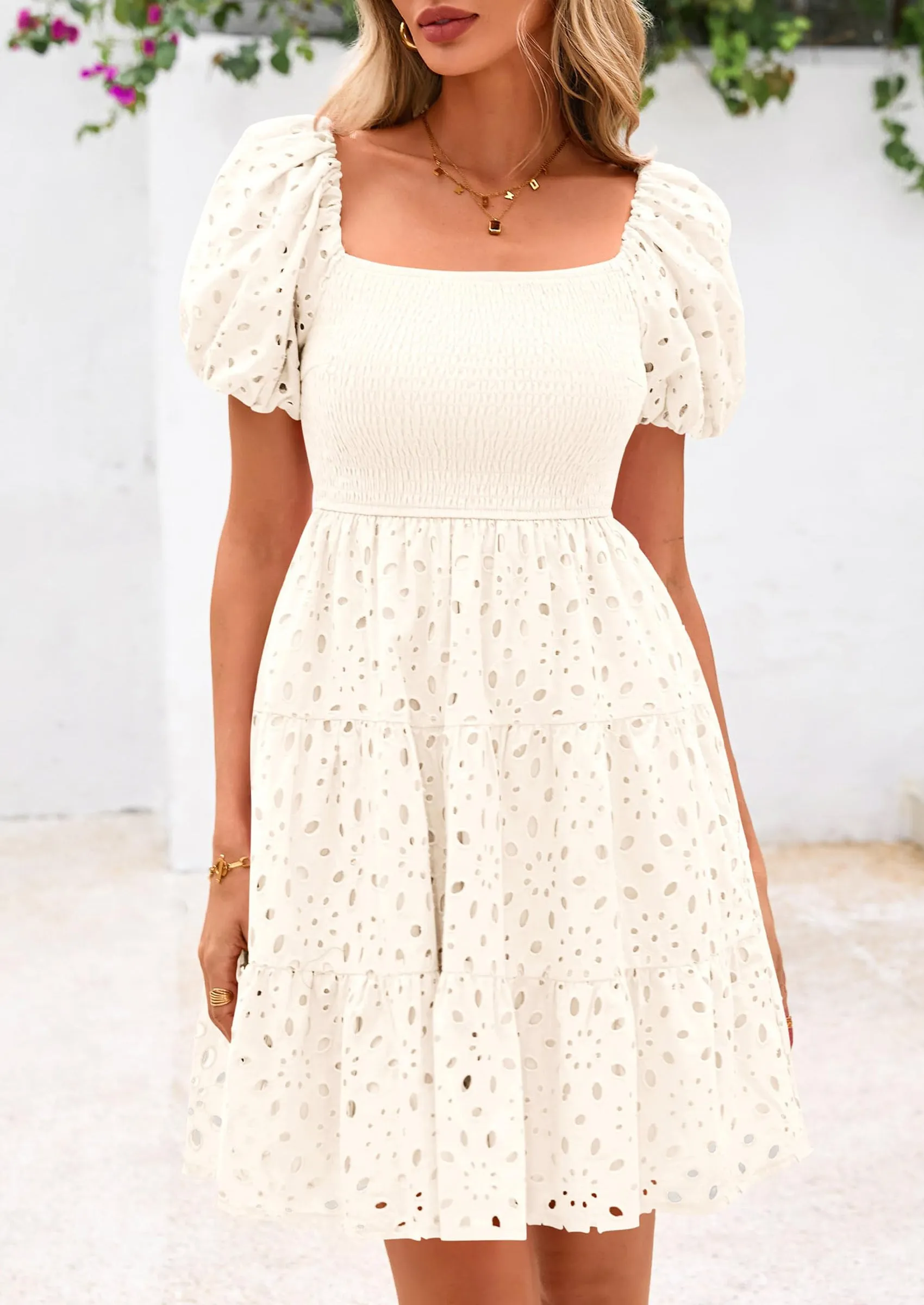 Puff Sleeve Off Shoulder Eyelet Smocked A Line Casual Babydoll Mini Dress