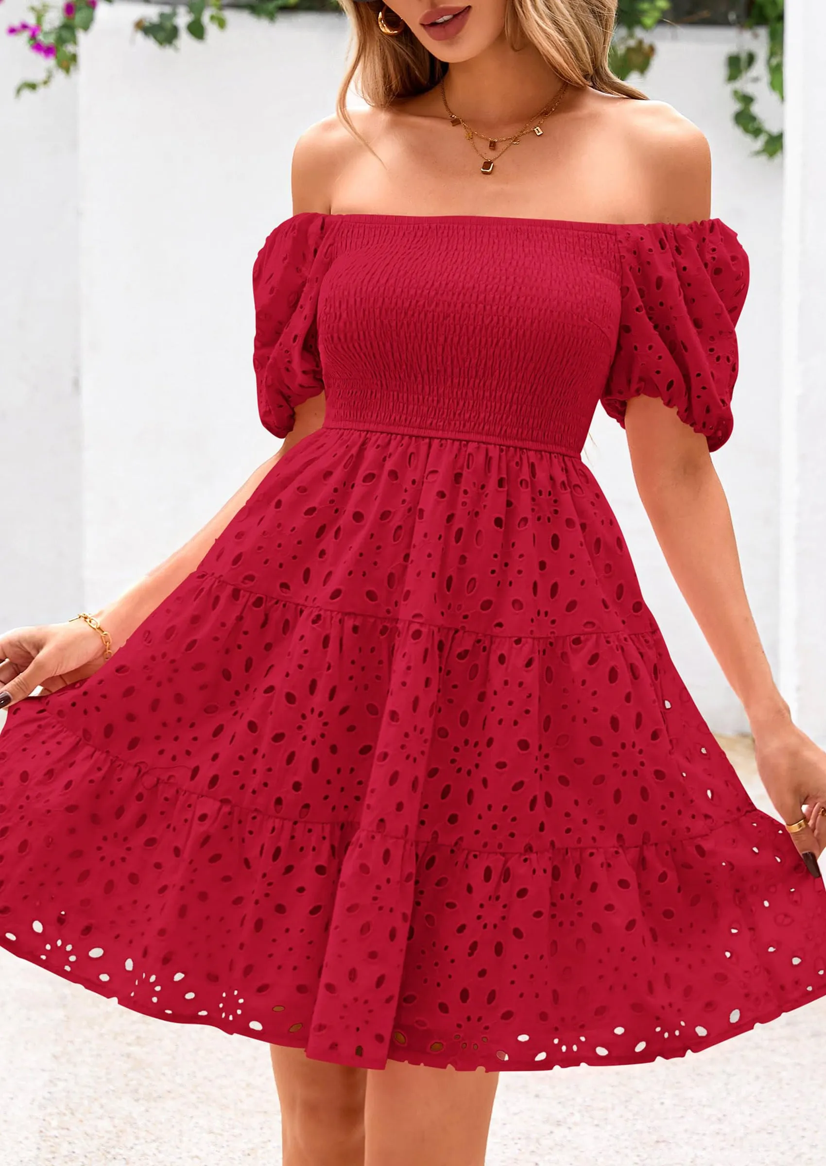 Puff Sleeve Off Shoulder Eyelet Smocked A Line Casual Babydoll Mini Dress